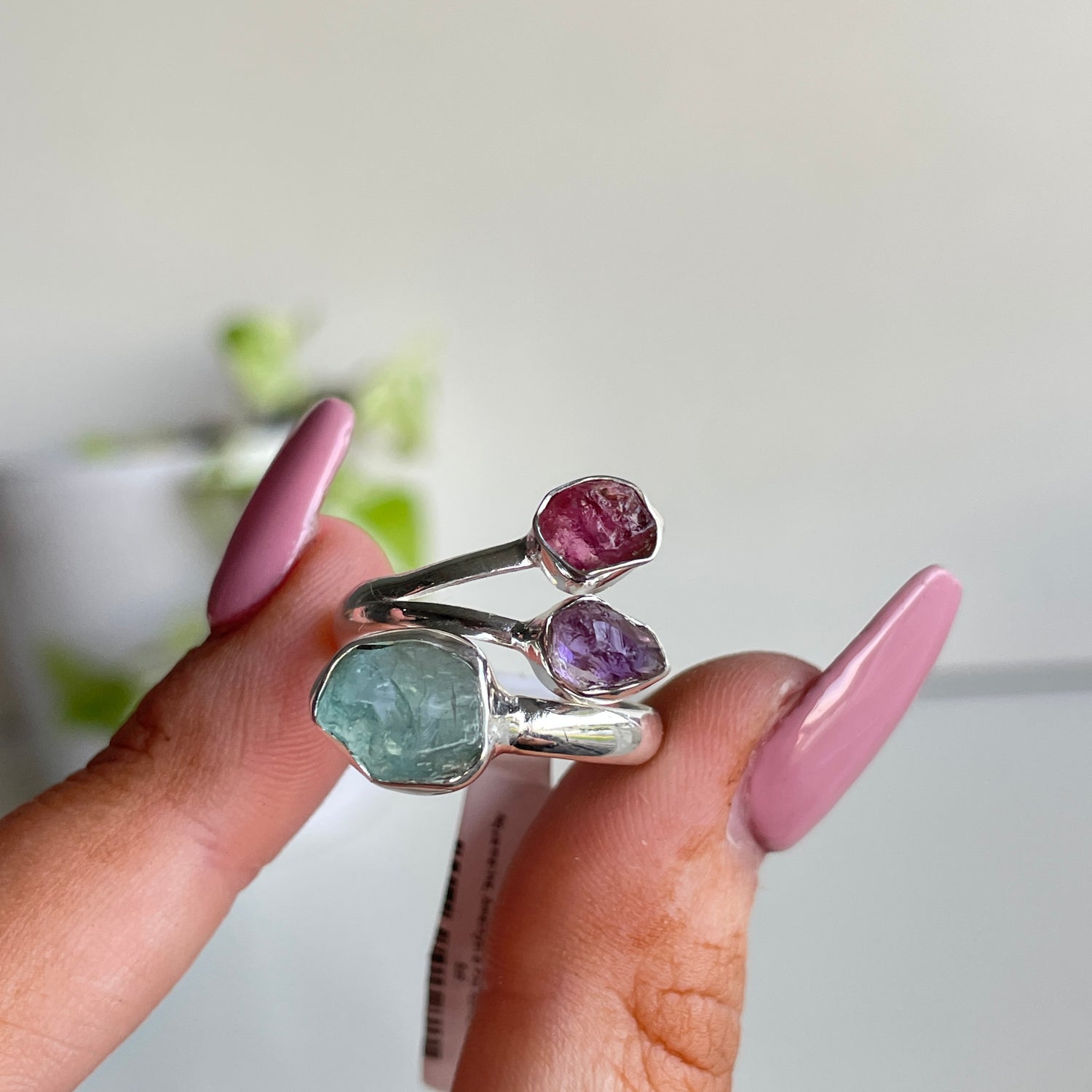 Aquamarine, Amethyst & Pink Tourmaline Rough Ring Sz9