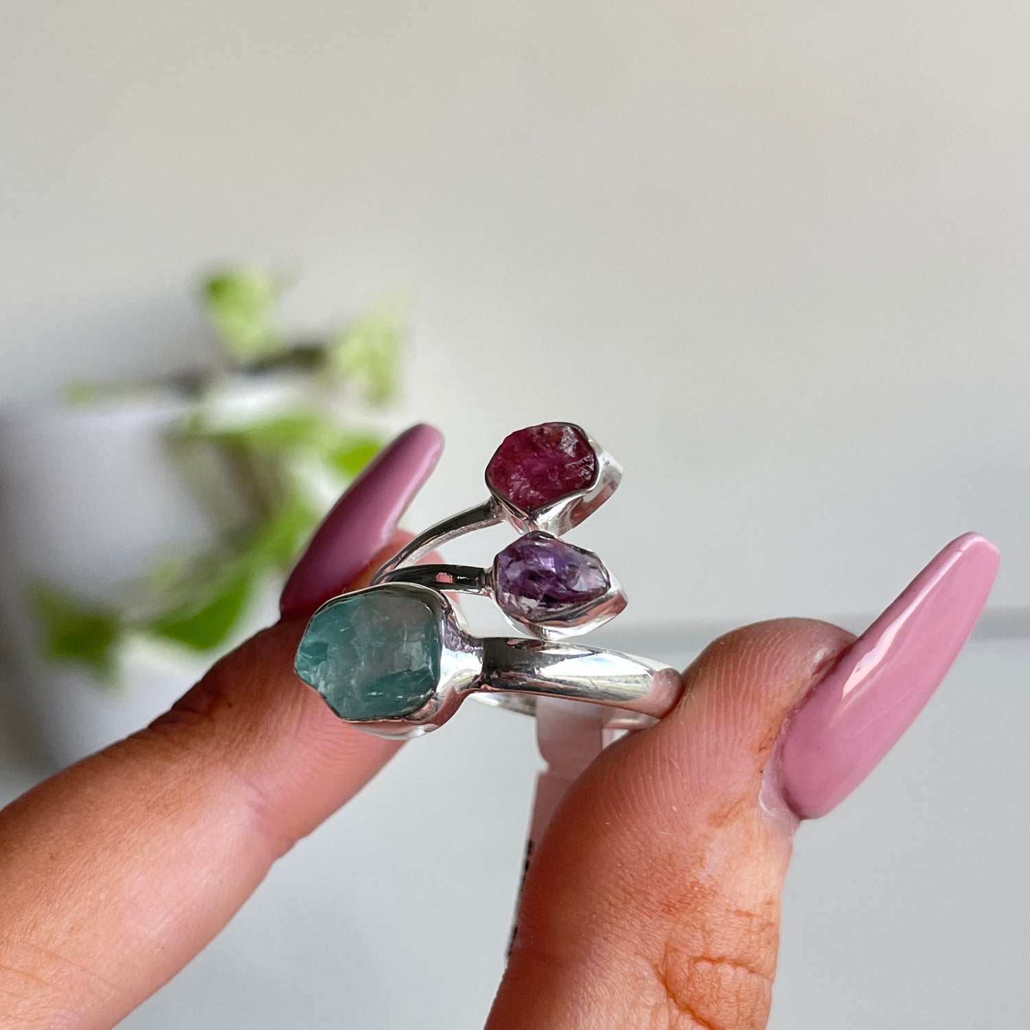 Aquamarine, Amethyst & Pink Tourmaline Rough Ring Sz9