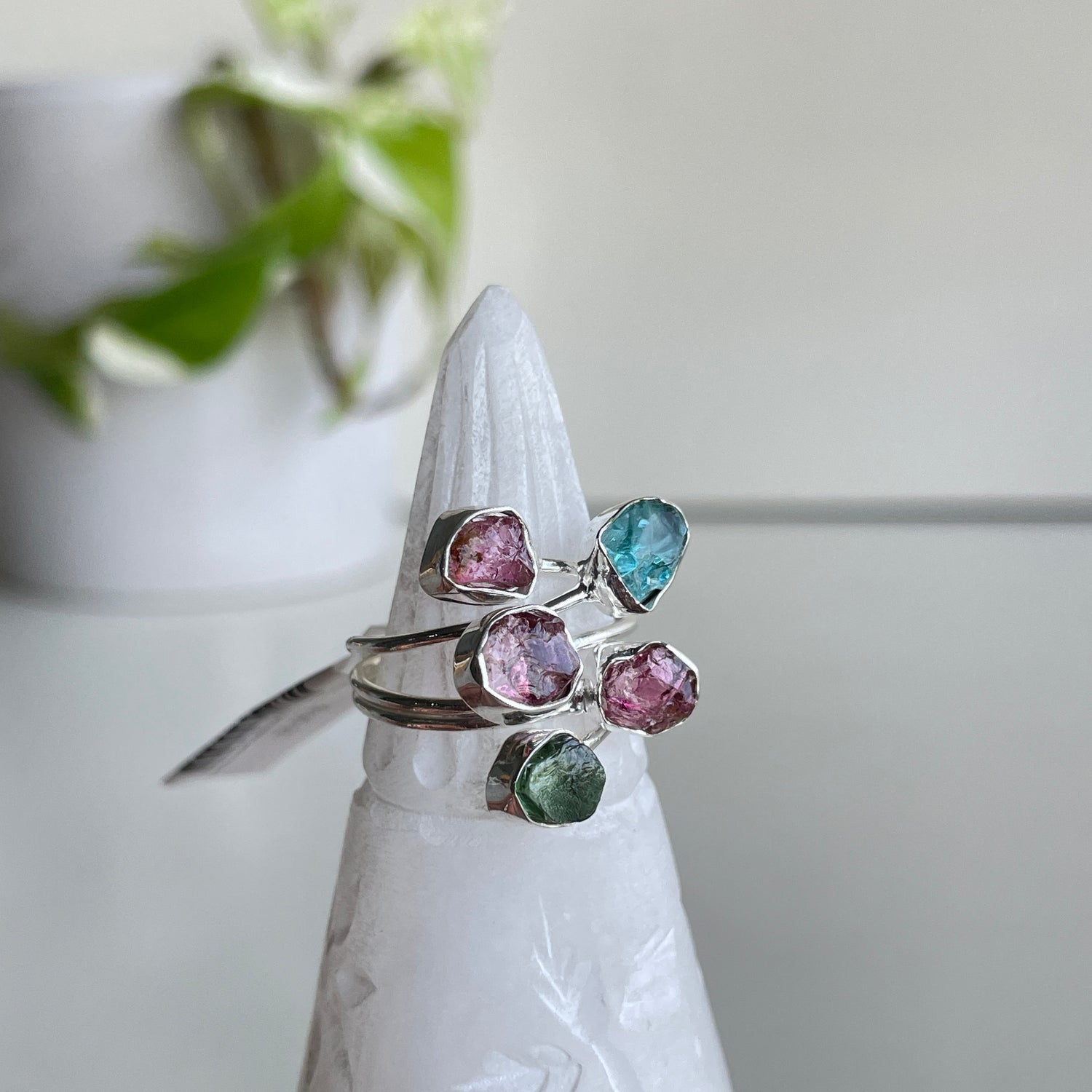 Pink & Green Tourmaline with Neon Apatite Ring Sz7.5