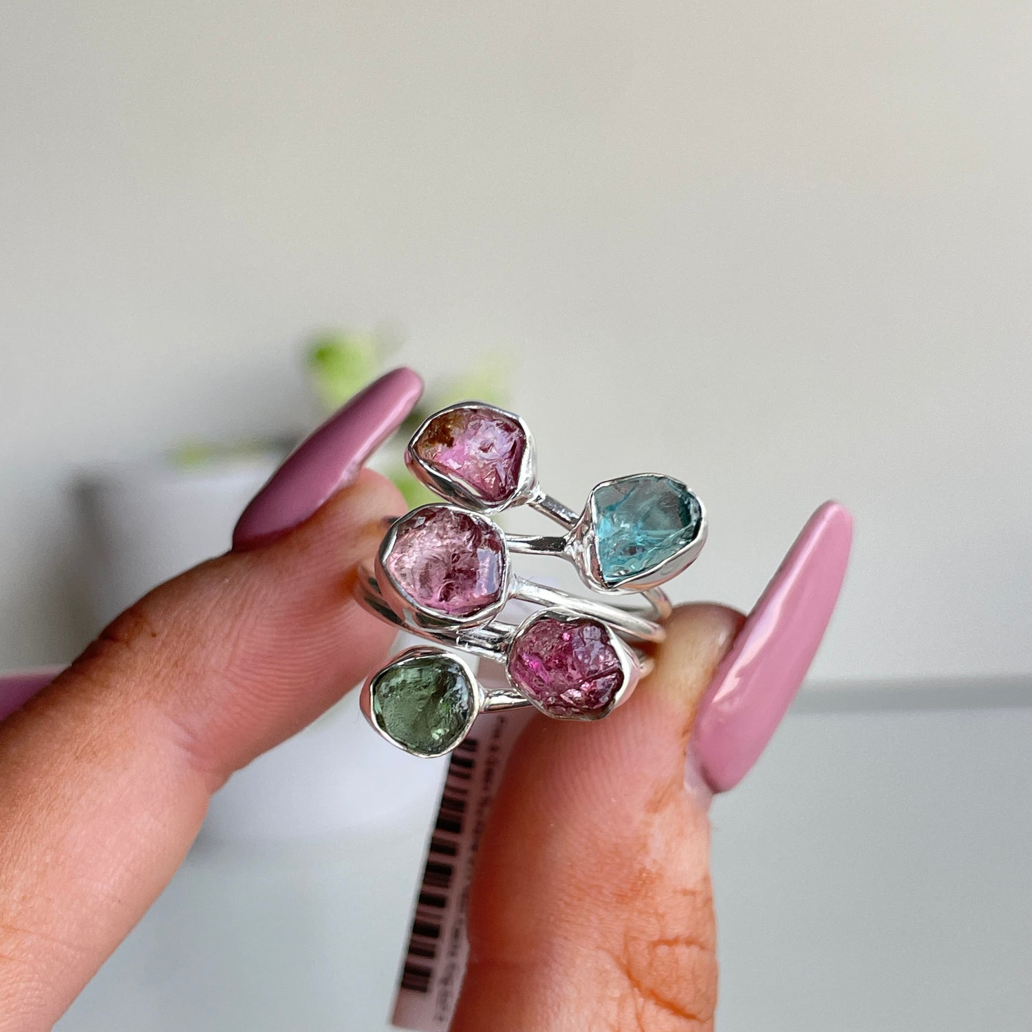 Pink & Green Tourmaline with Neon Apatite Ring Sz7.5