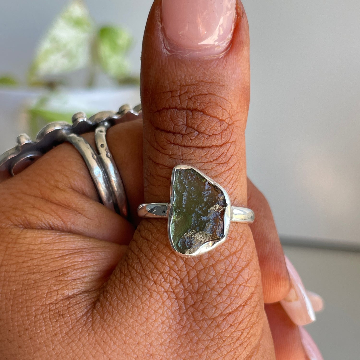 Moldavite Freeform Ring Sz8