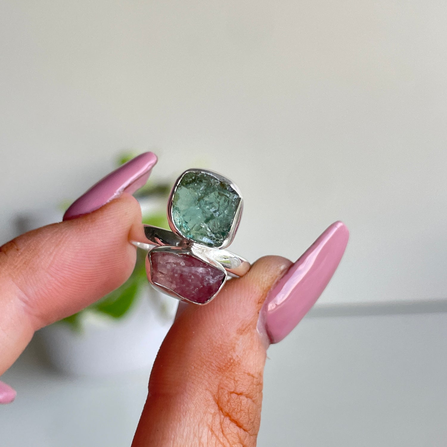 Pink Tourmaline & Aquamarine Ring Sz6