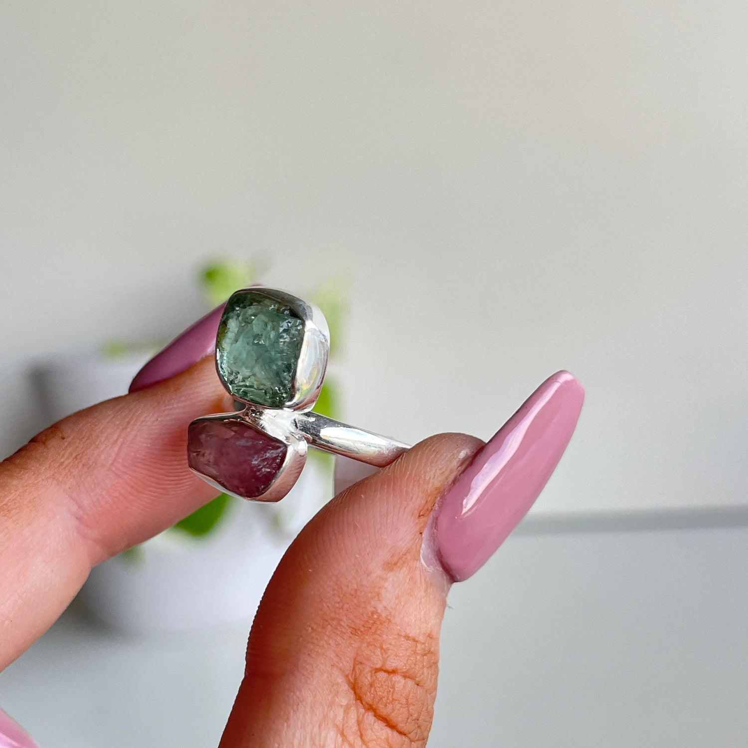 Pink Tourmaline & Aquamarine Ring Sz6