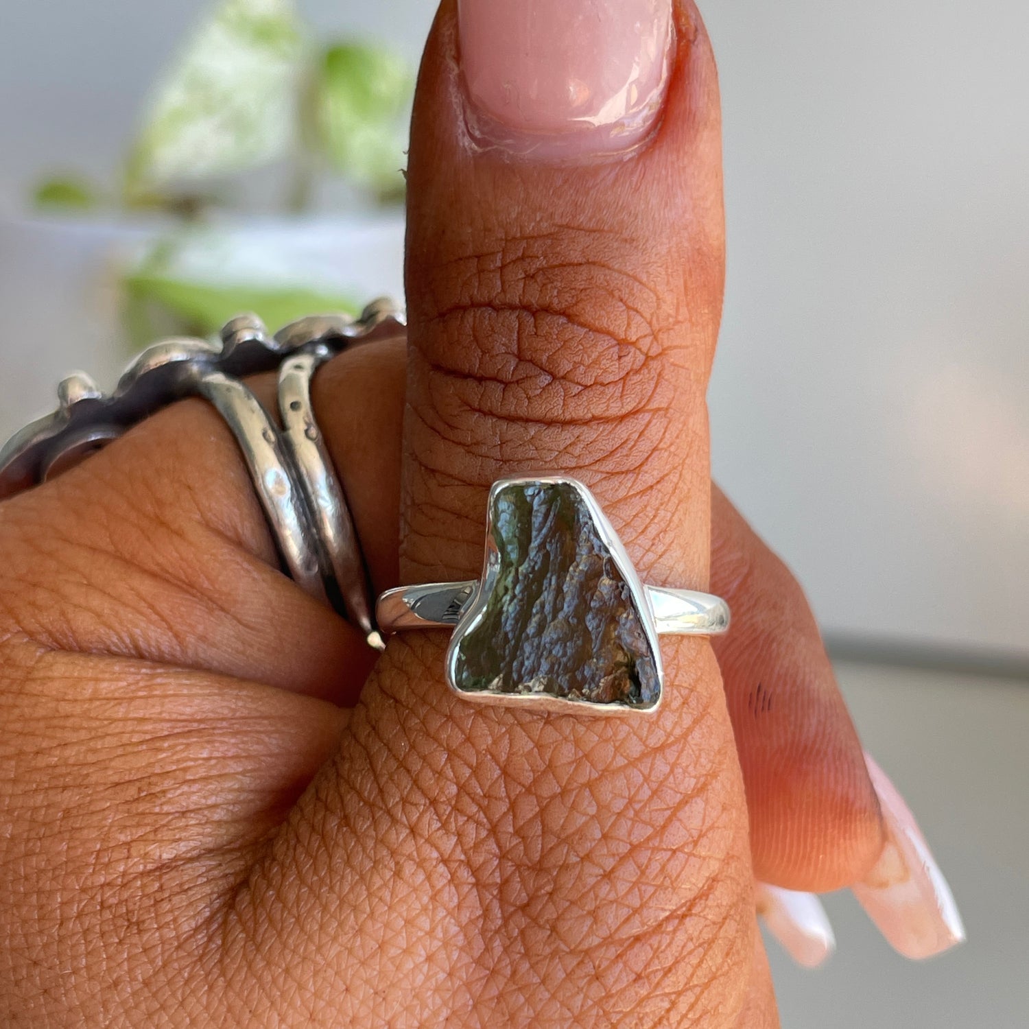 Moldavite Freeform Ring Sz8