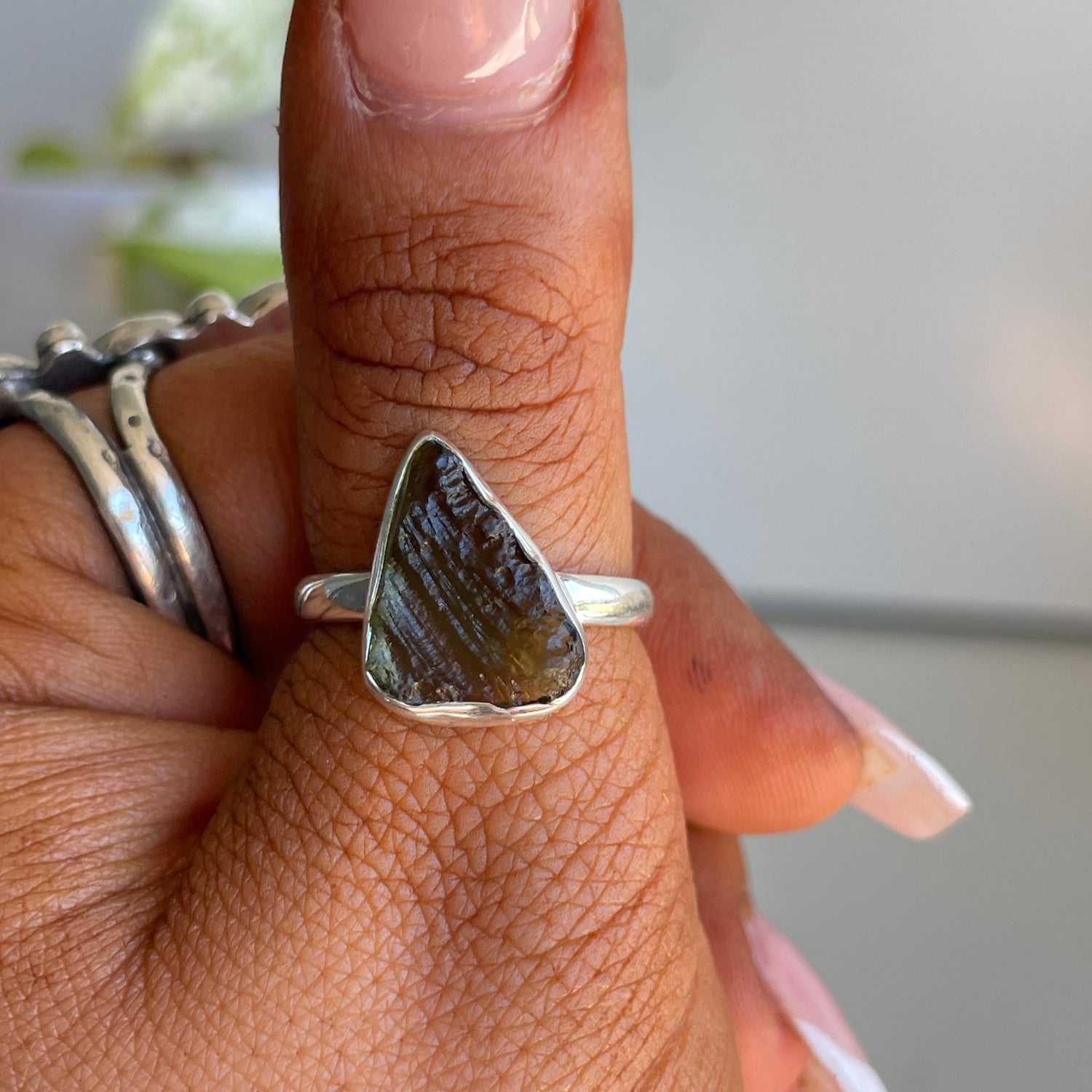Moldavite Freeform Ring Sz7