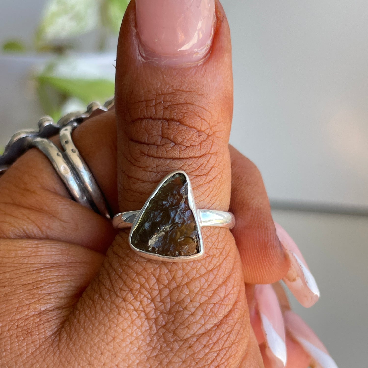 Moldavite Freeform Ring Sz7