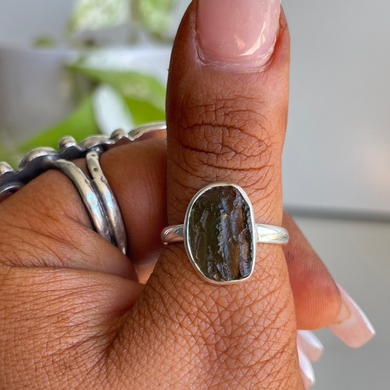 Moldavite Freeform Ring Sz7