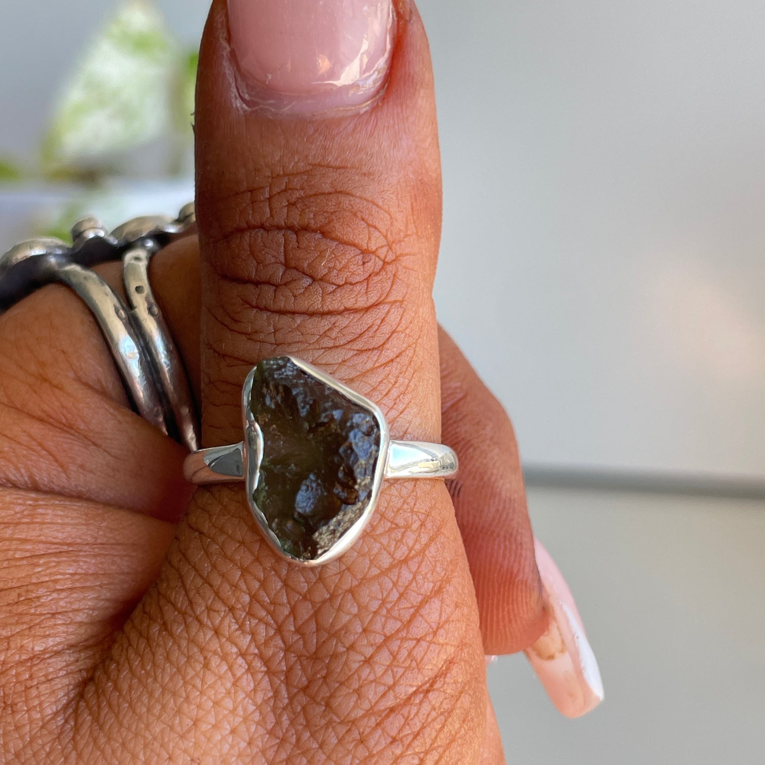 Moldavite Freeform Ring Sz8