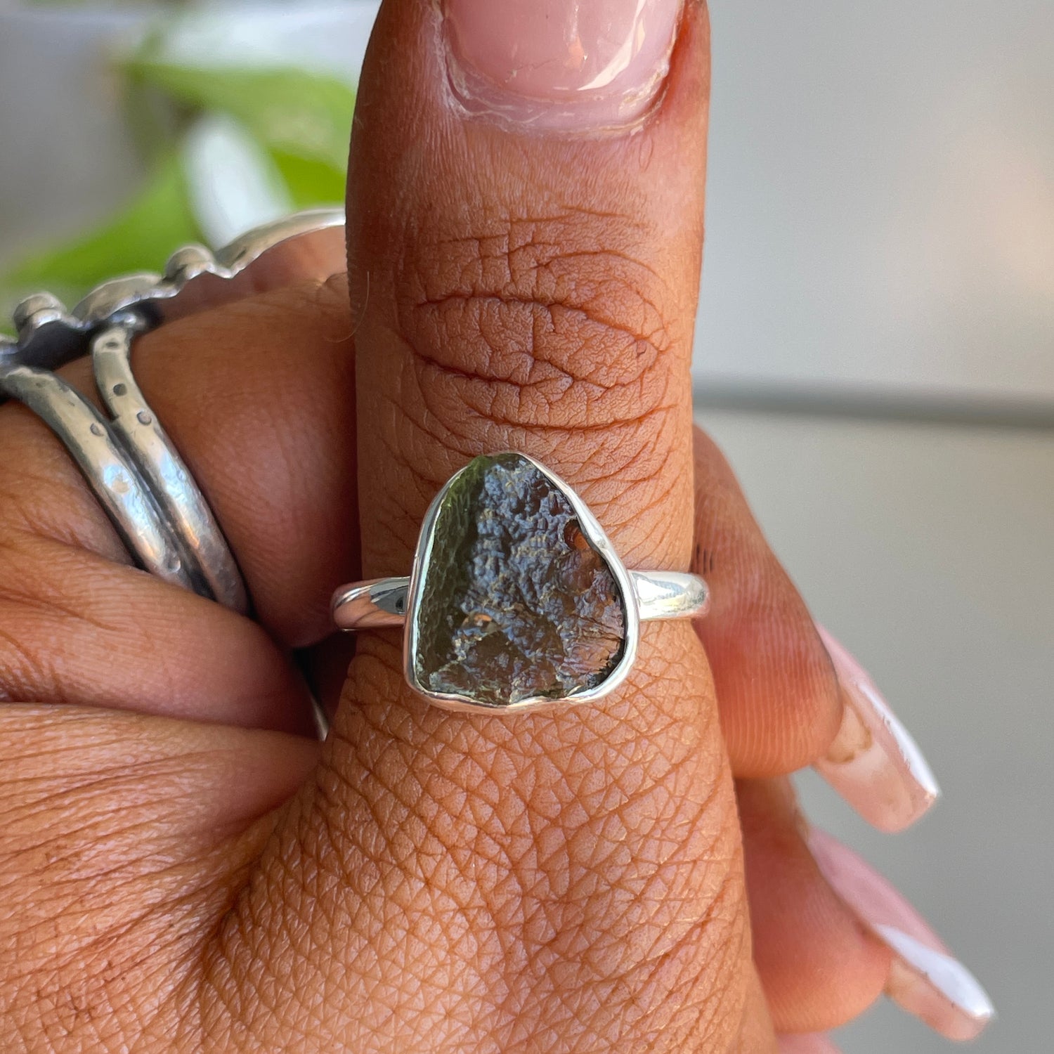 Moldavite Freeform Ring Sz8