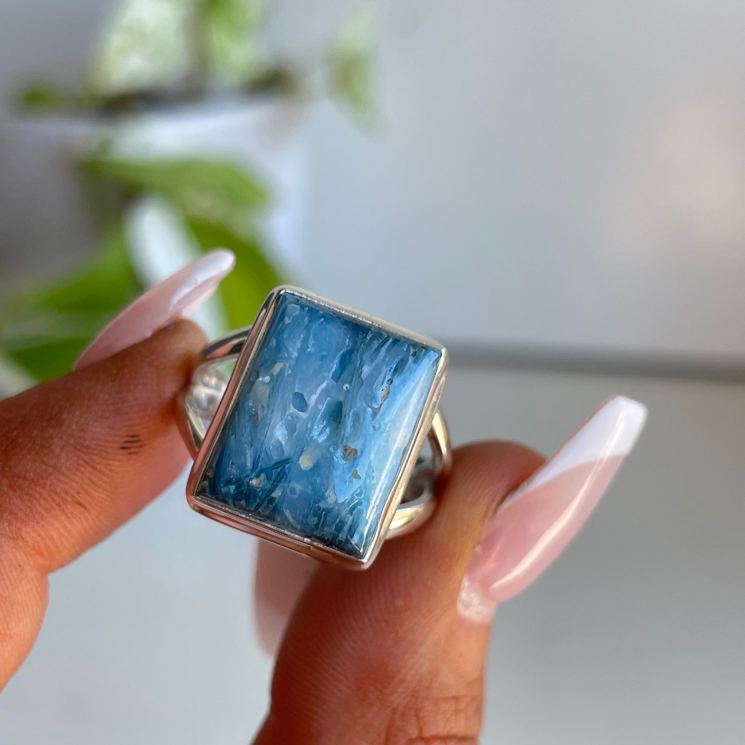 Blue Ice Glacierite Rectangle Ring Sz9