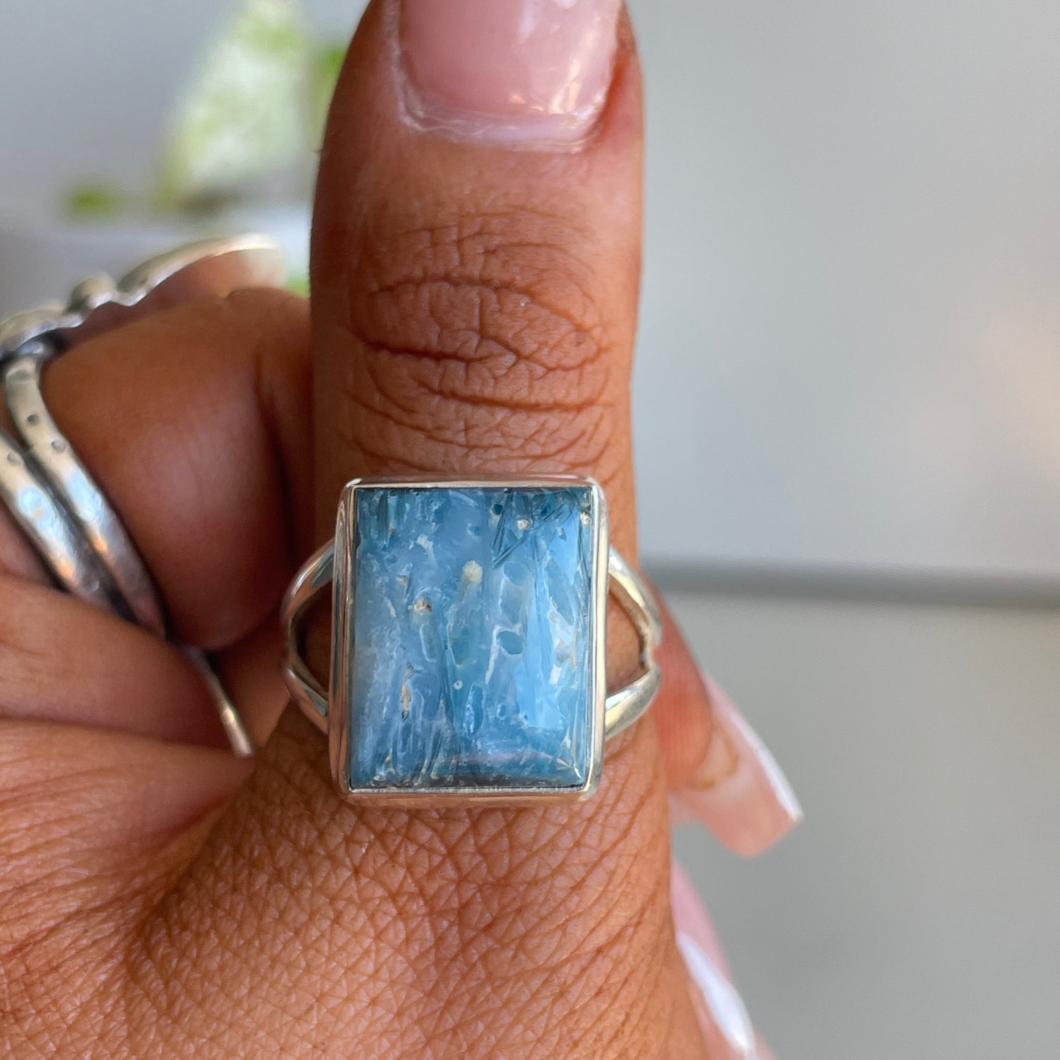Blue Ice Glacierite Rectangle Ring Sz9