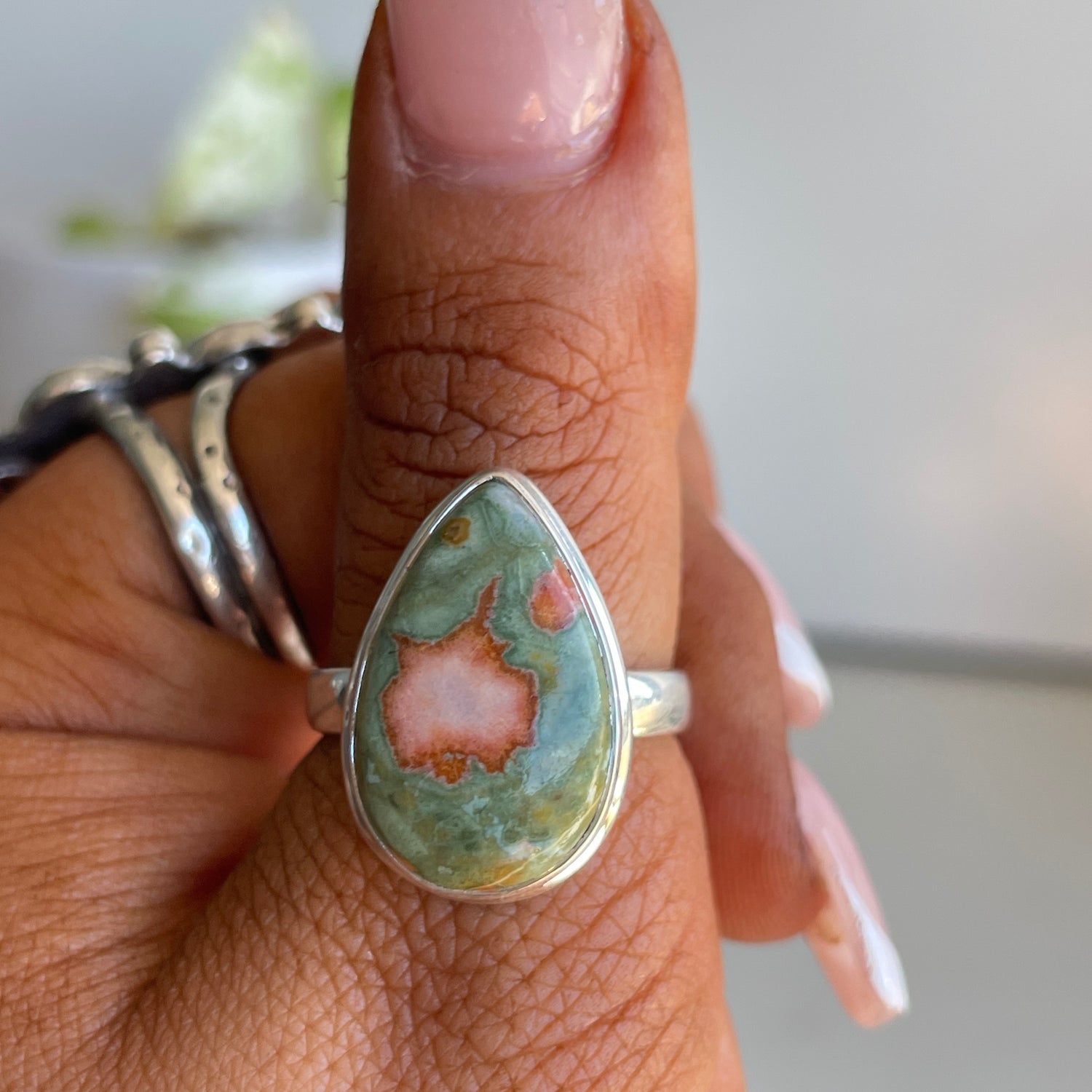 Rhyolite Teardrop Ring Sz8