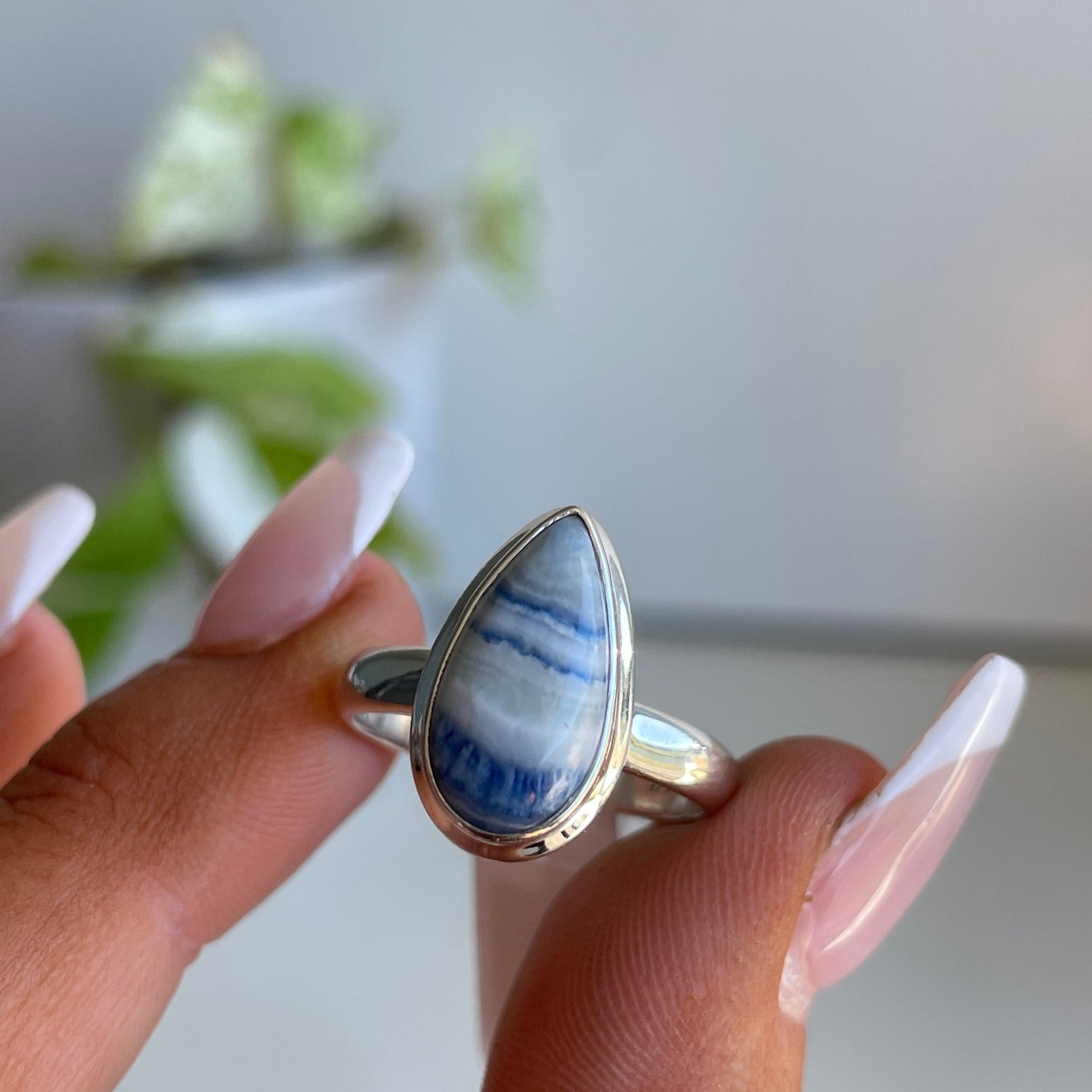 Blue Scheelite Teardrop Ring Sz8