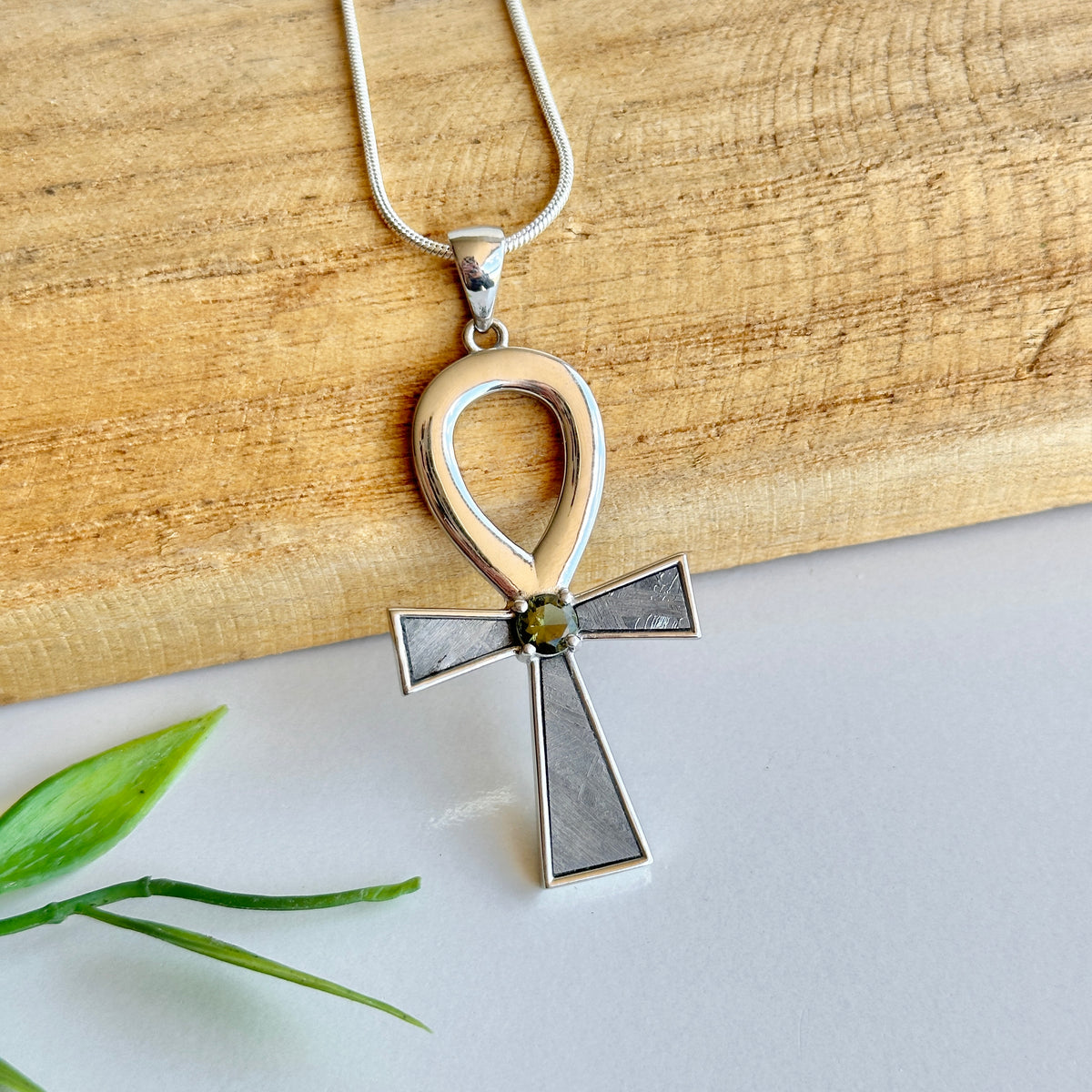 Muonionalusta Meteorite Moldavite Ankh Pendant