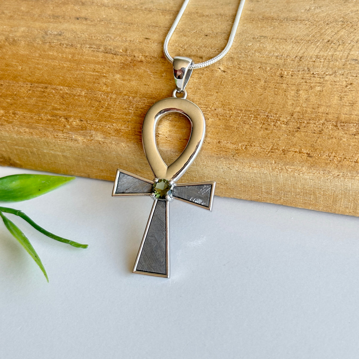 Muonionalusta Meteorite Moldavite Ankh Pendant