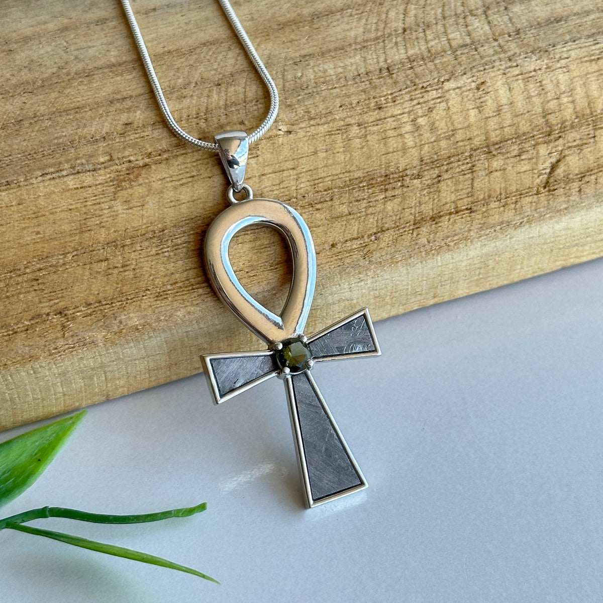 Muonionalusta Meteorite Moldavite Ankh Pendant