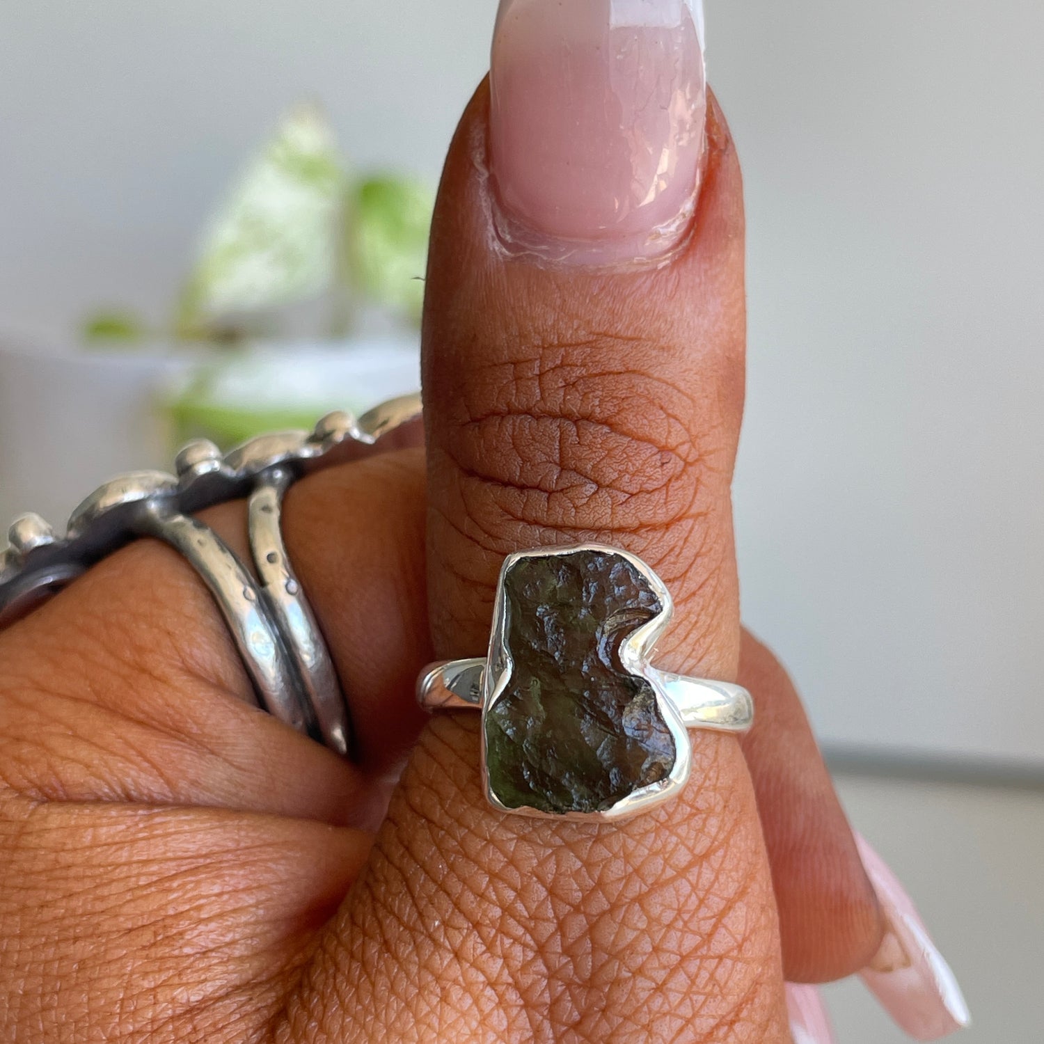 Moldavite Freeform Ring Sz7