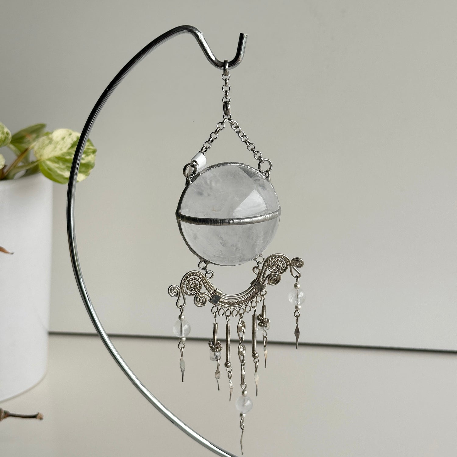 Clear Quartz Sphere Hanging Plain