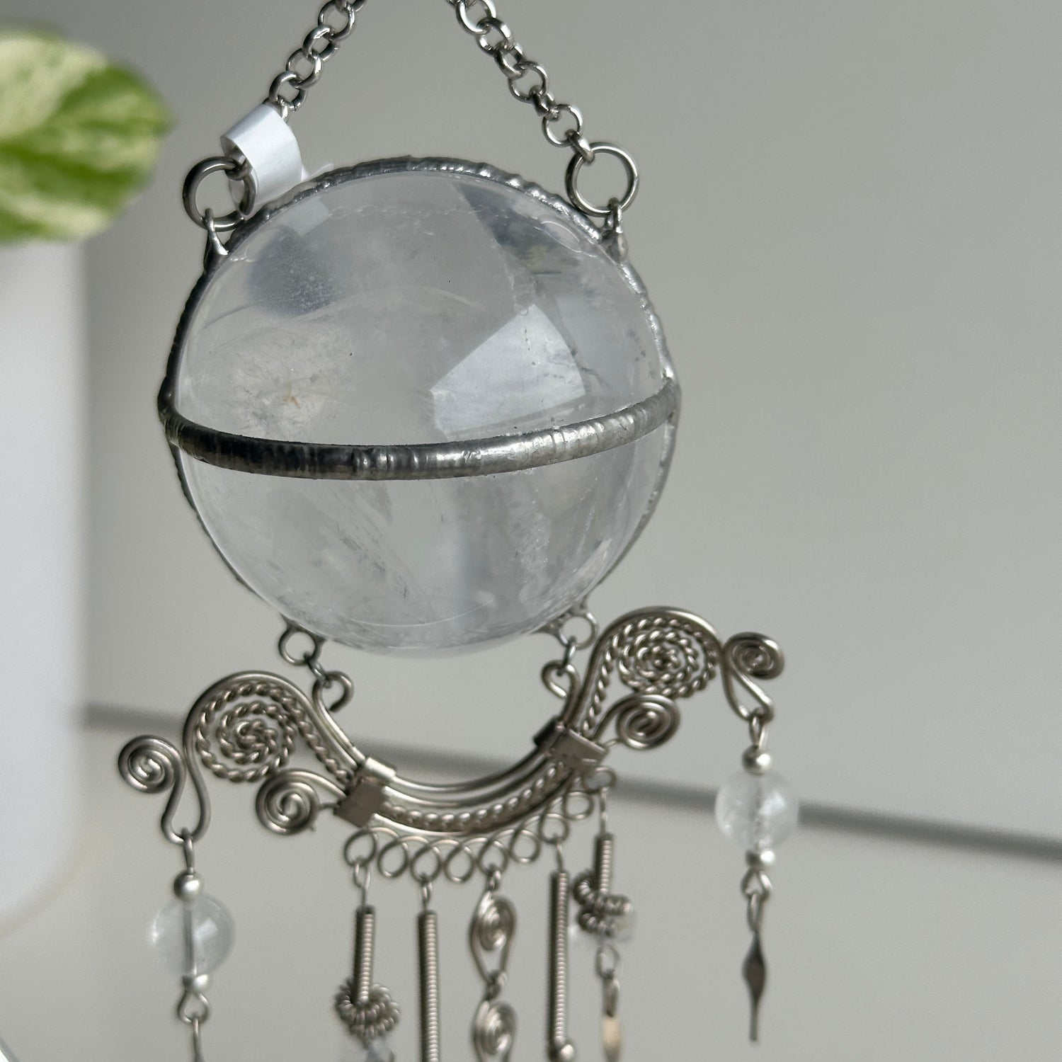 Clear Quartz Sphere Hanging Plain