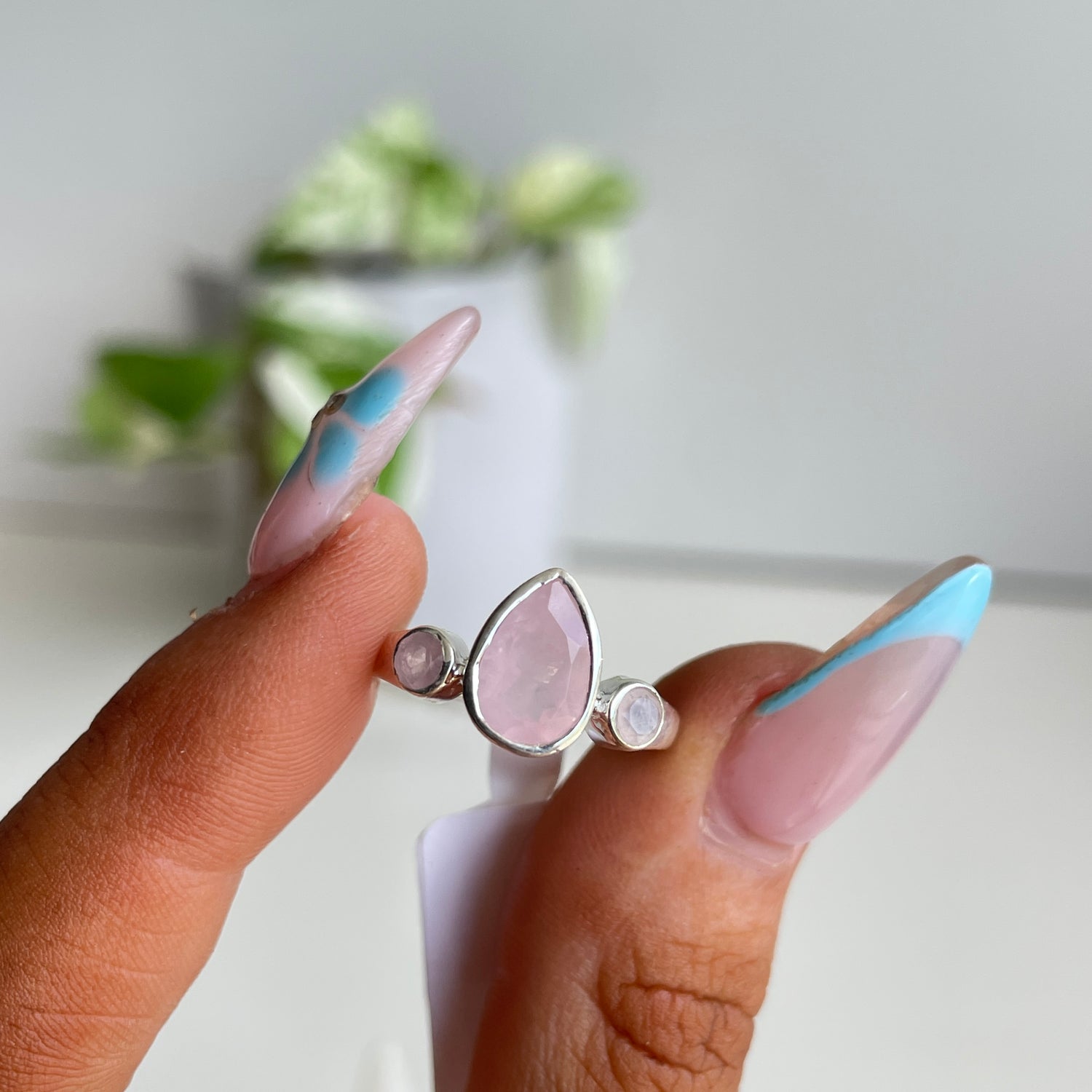 Rose Quartz Triple Stone Ring