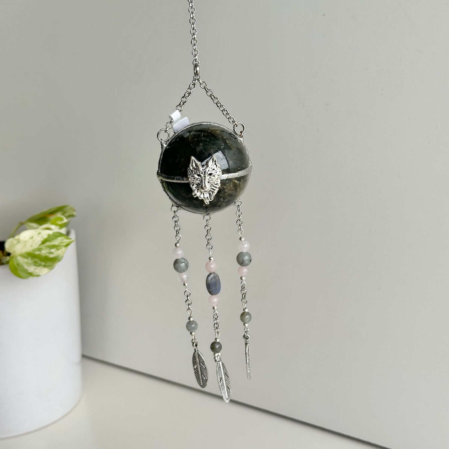 Labradorite Sphere Hanging With Wolf