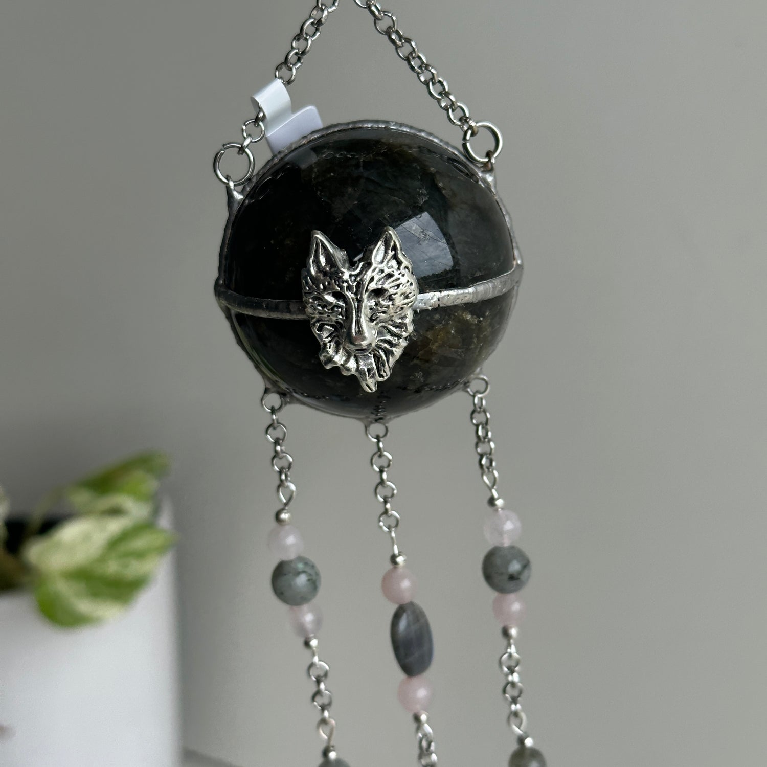 Labradorite Sphere Hanging With Wolf