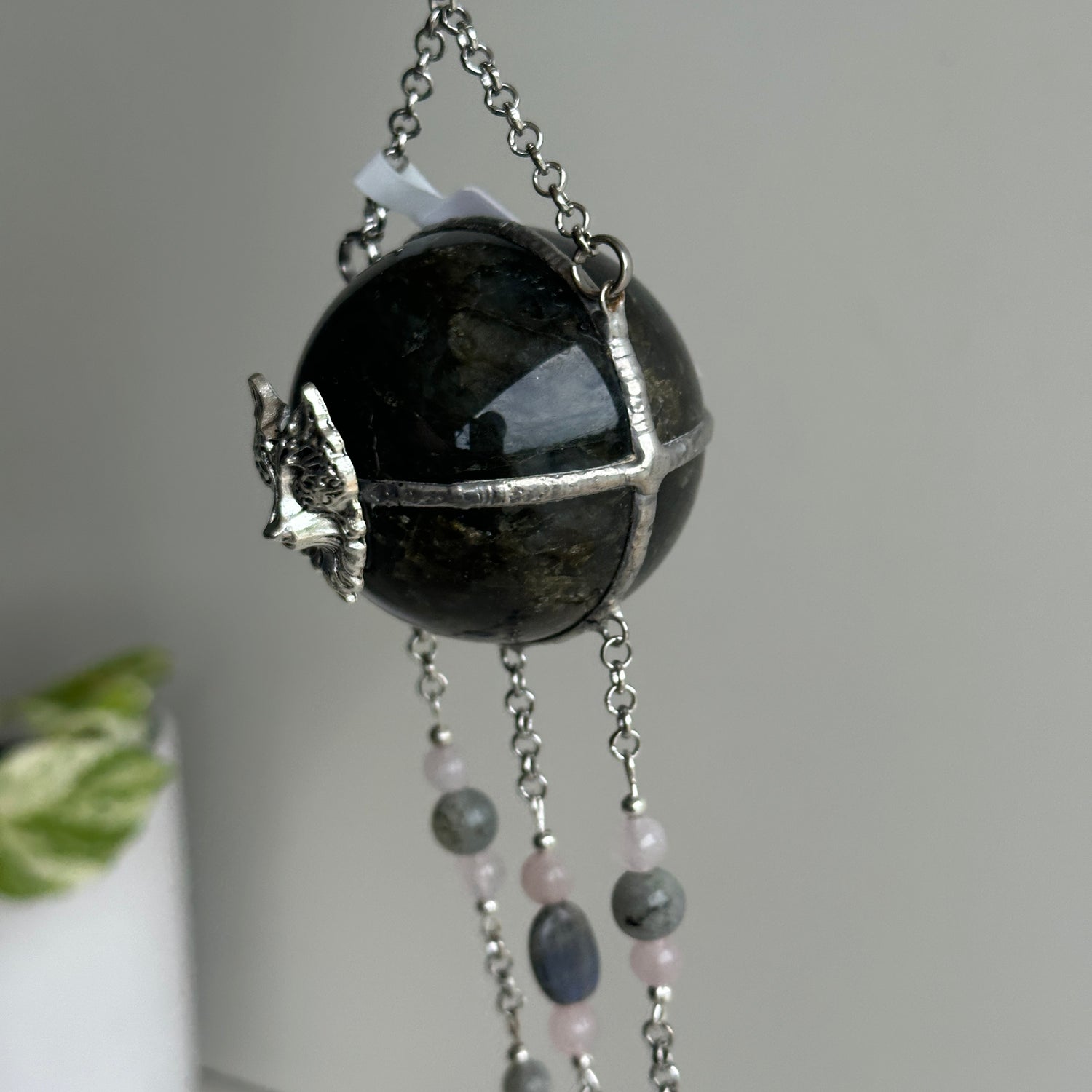 Labradorite Sphere Hanging With Wolf