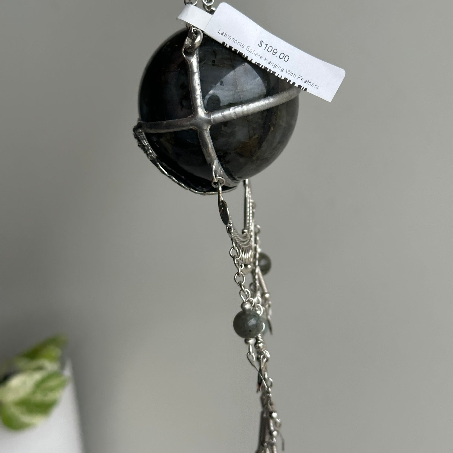 Labradorite Sphere Hanging With Feathers