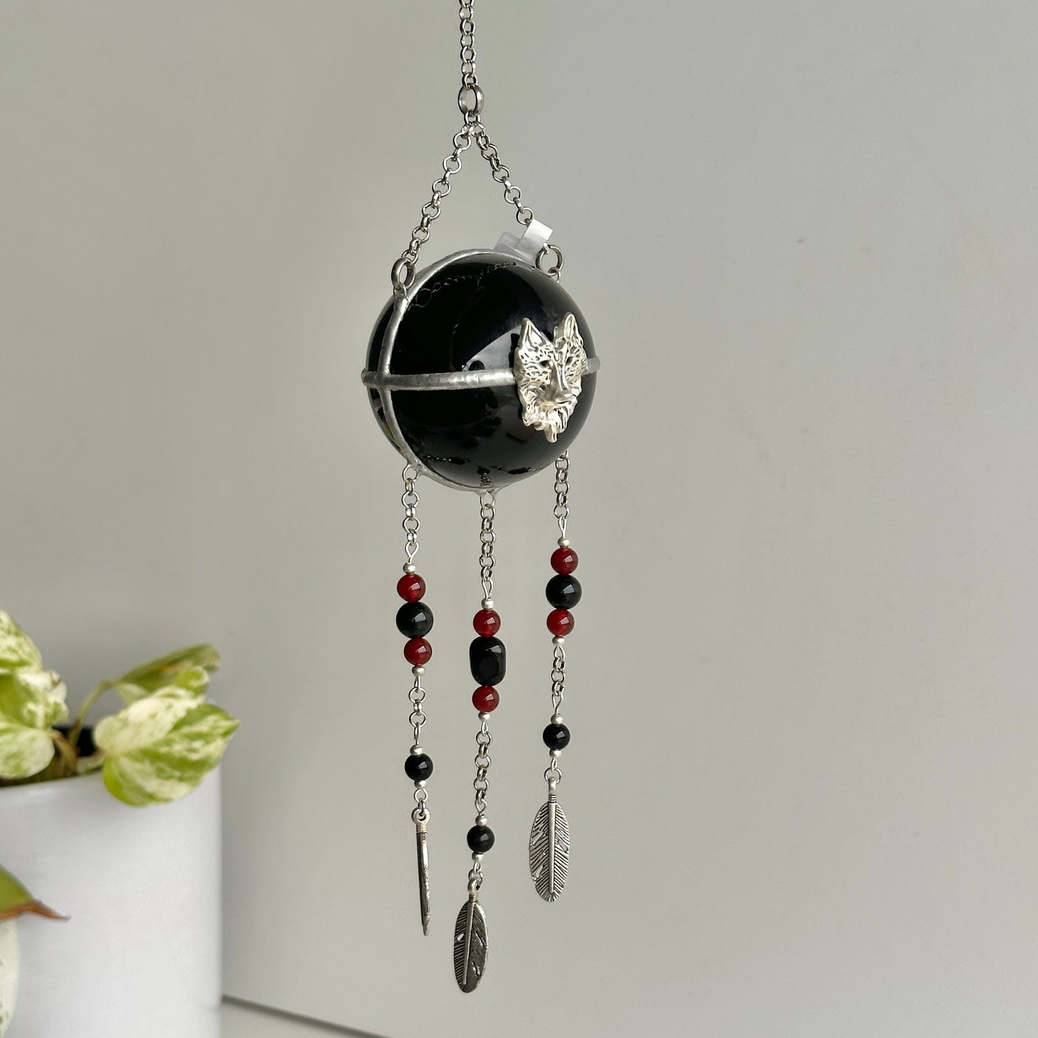 Black Obsidian Sphere Hanging with Wolf