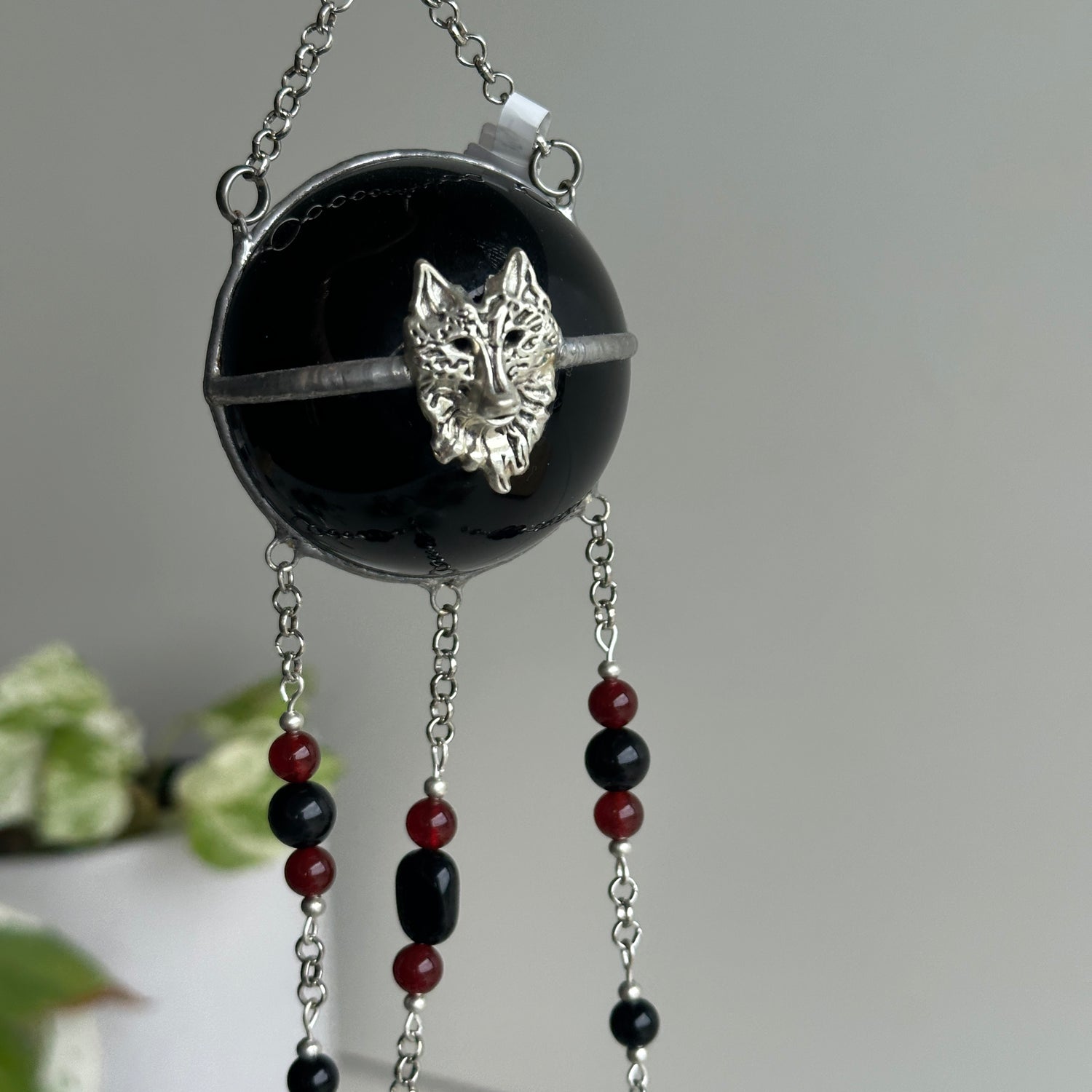 Black Obsidian Sphere Hanging with Wolf