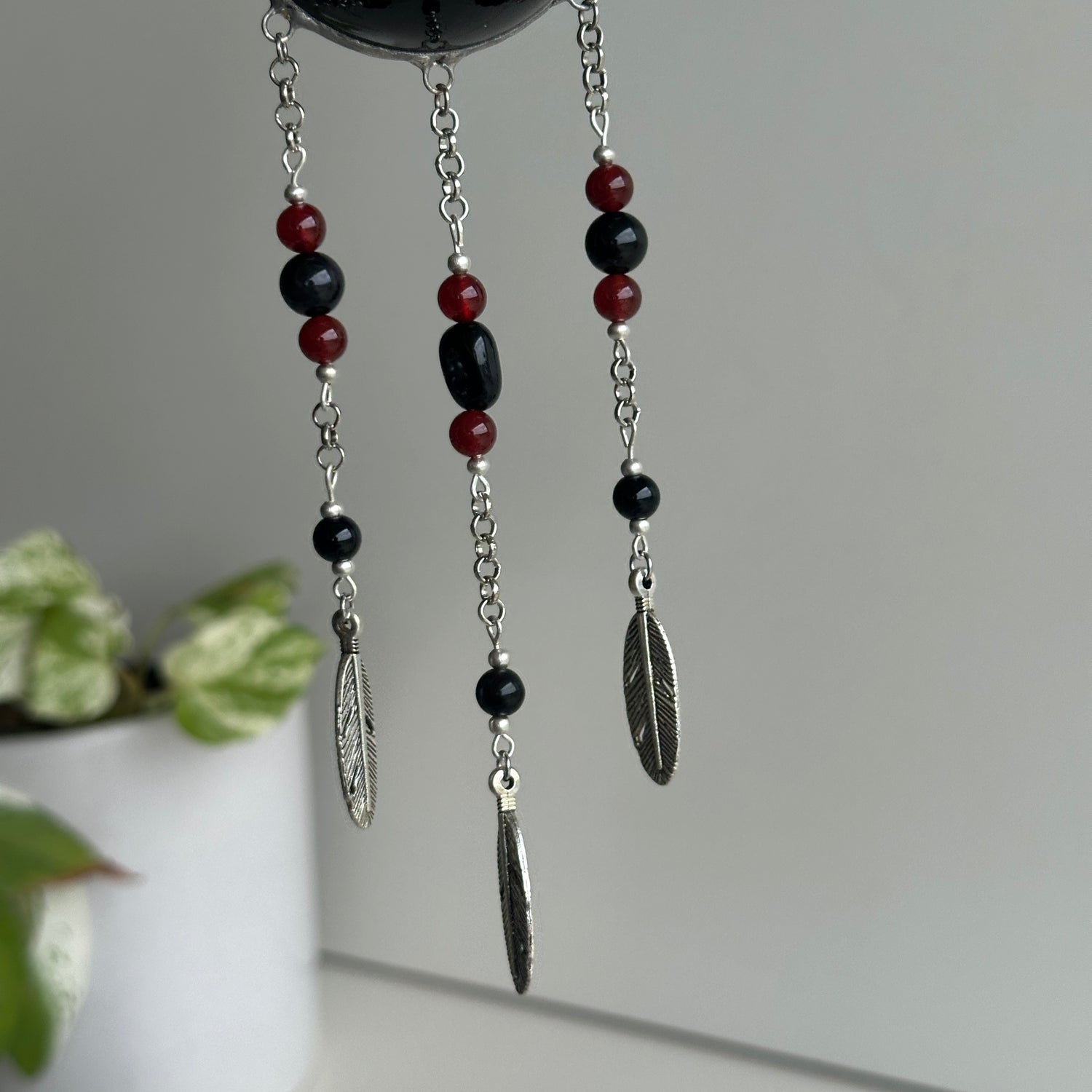 Black Obsidian Sphere Hanging with Wolf