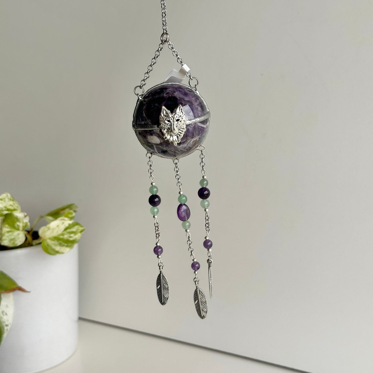 Amethyst Sphere Hanging With Wolf