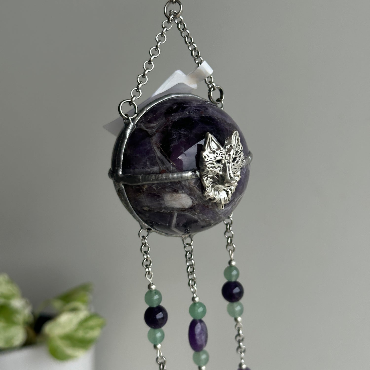 Amethyst Sphere Hanging With Wolf