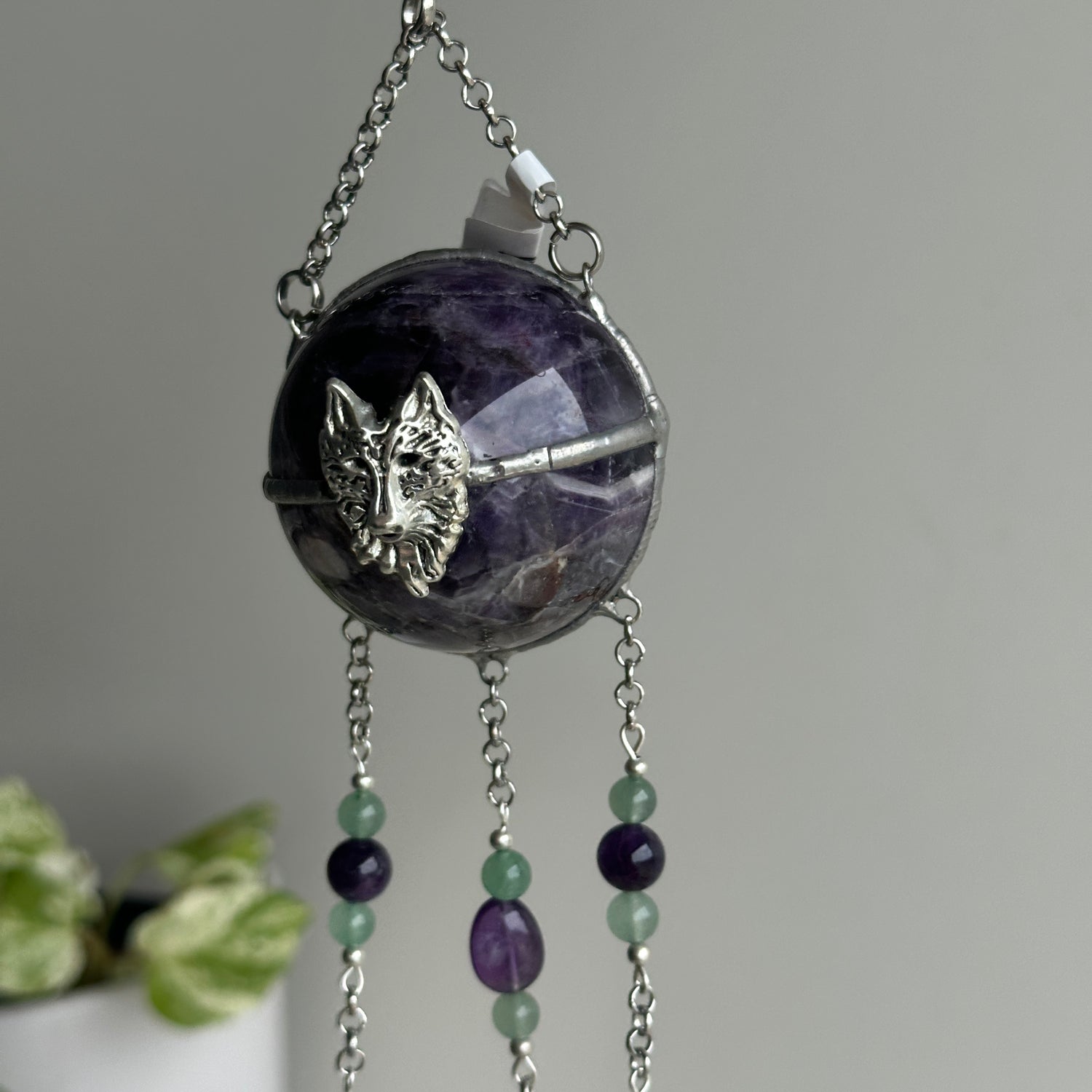 Amethyst Sphere Hanging With Wolf