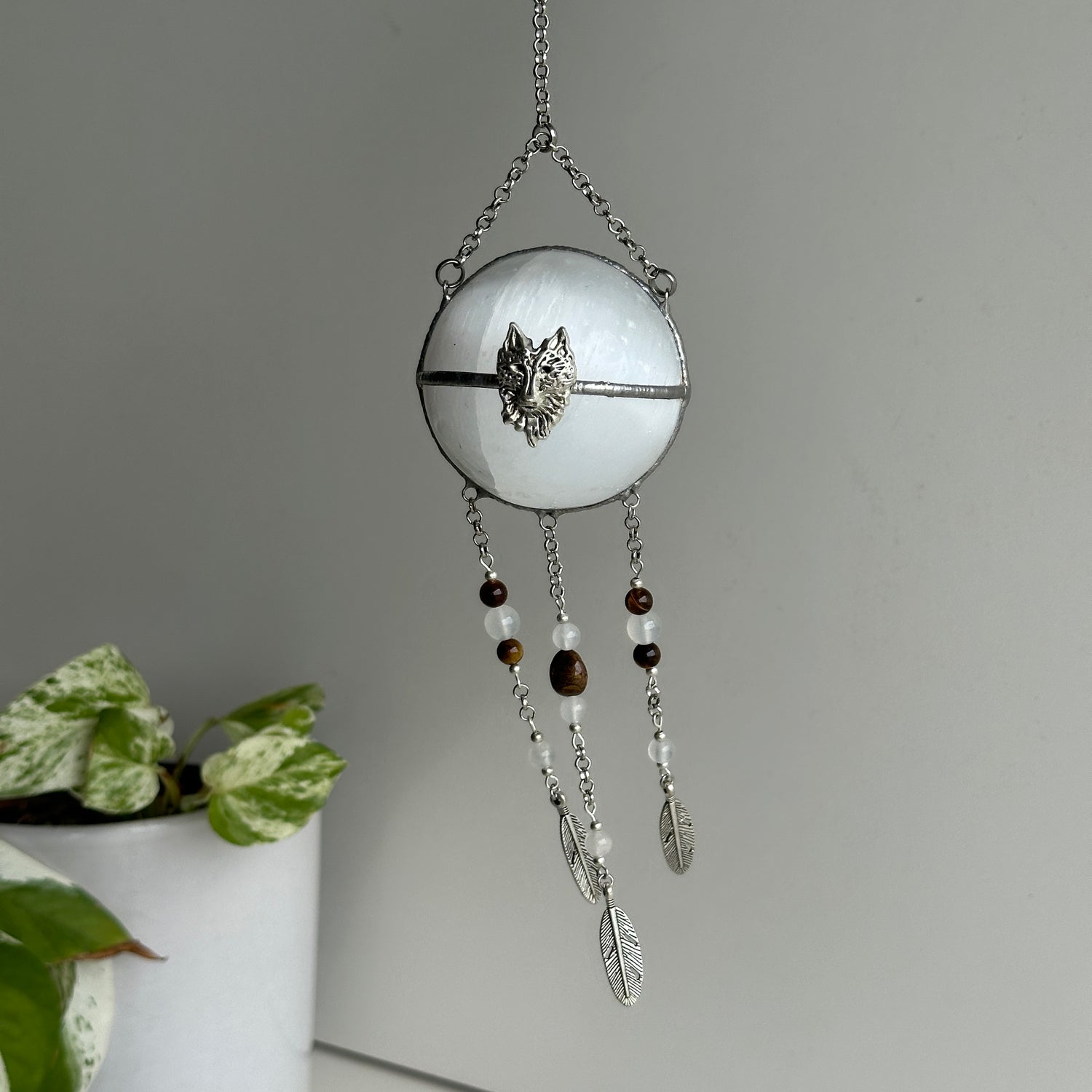 Selenite Sphere Hanging With Wolf