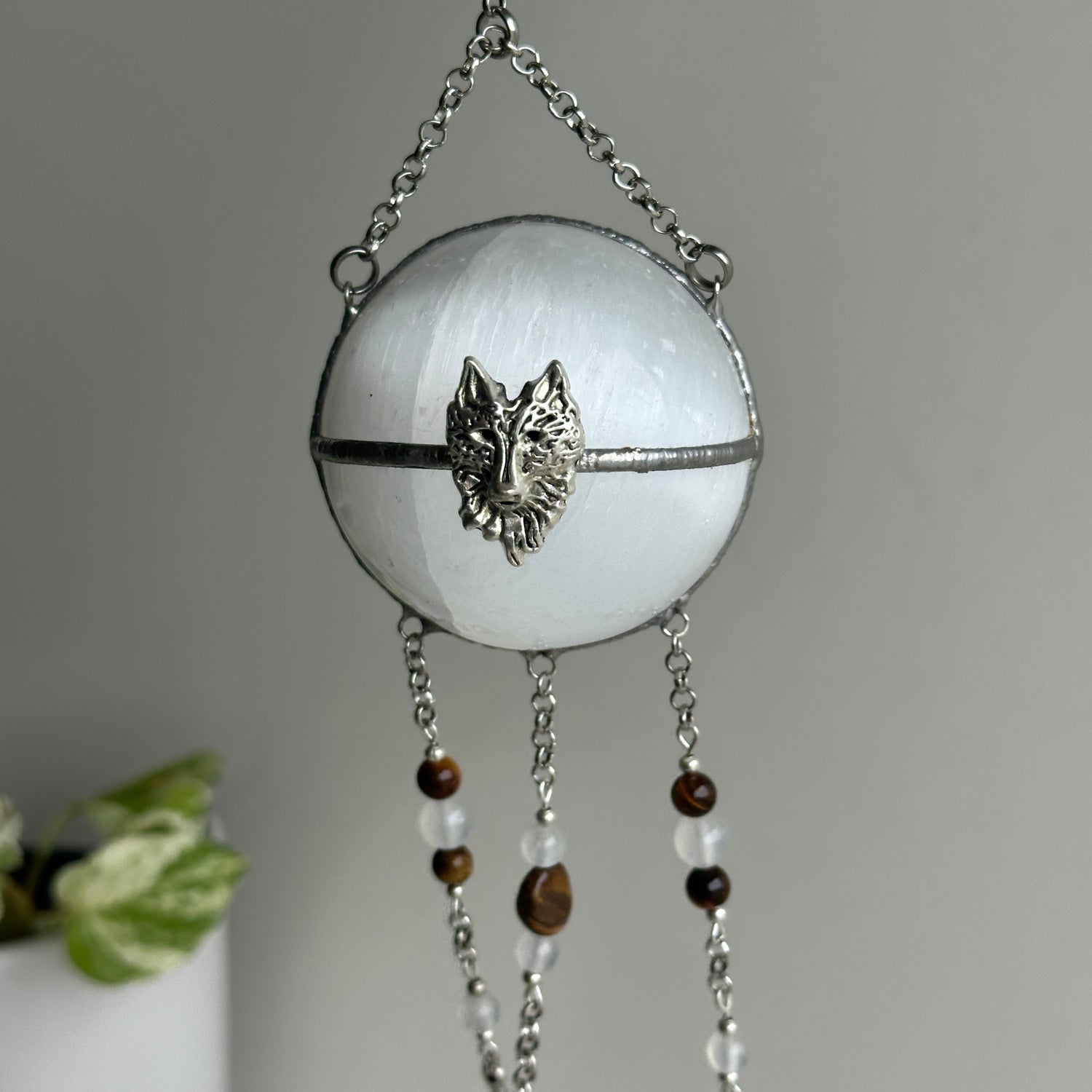Selenite Sphere Hanging With Wolf