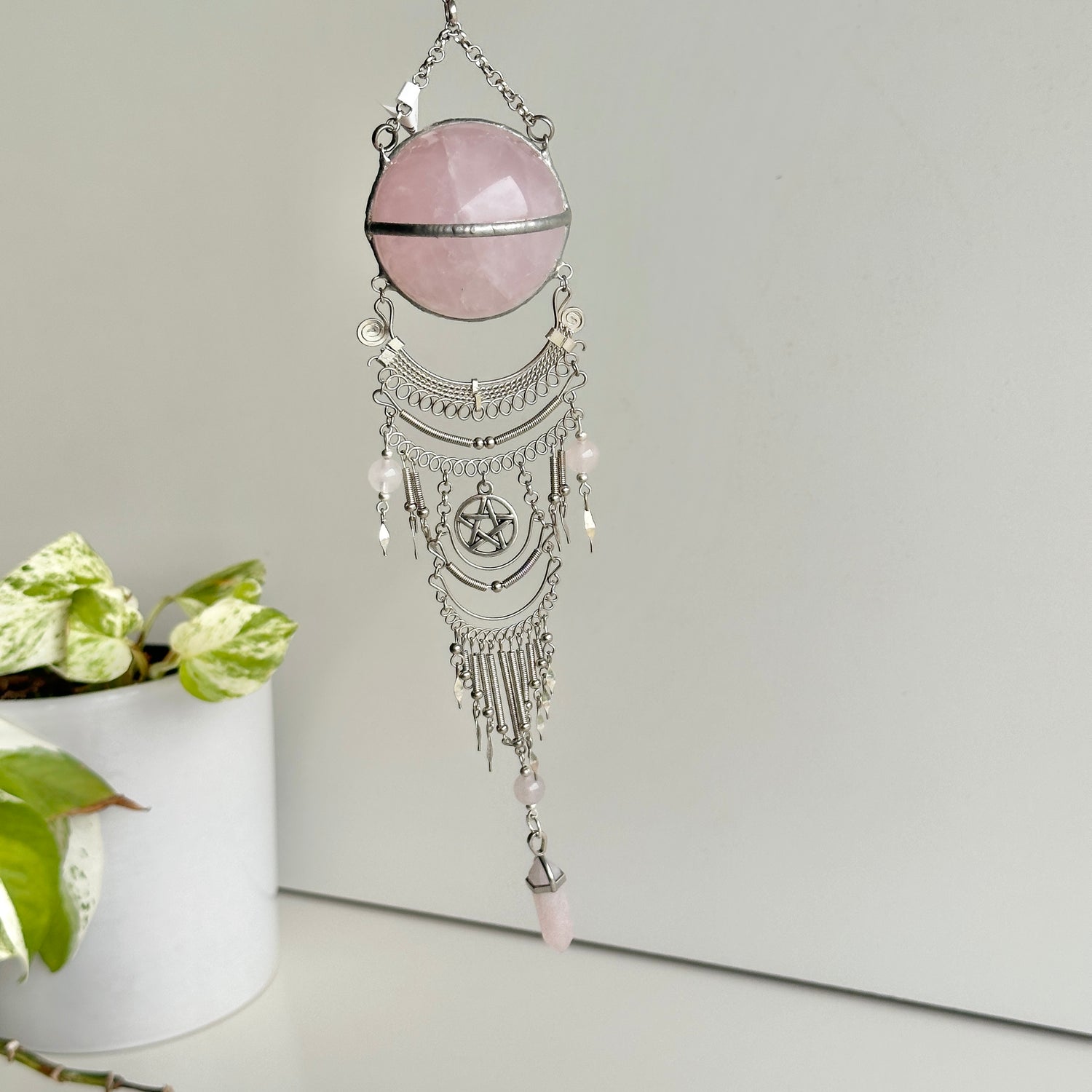 Rose Quartz Sphere Hanging Plain