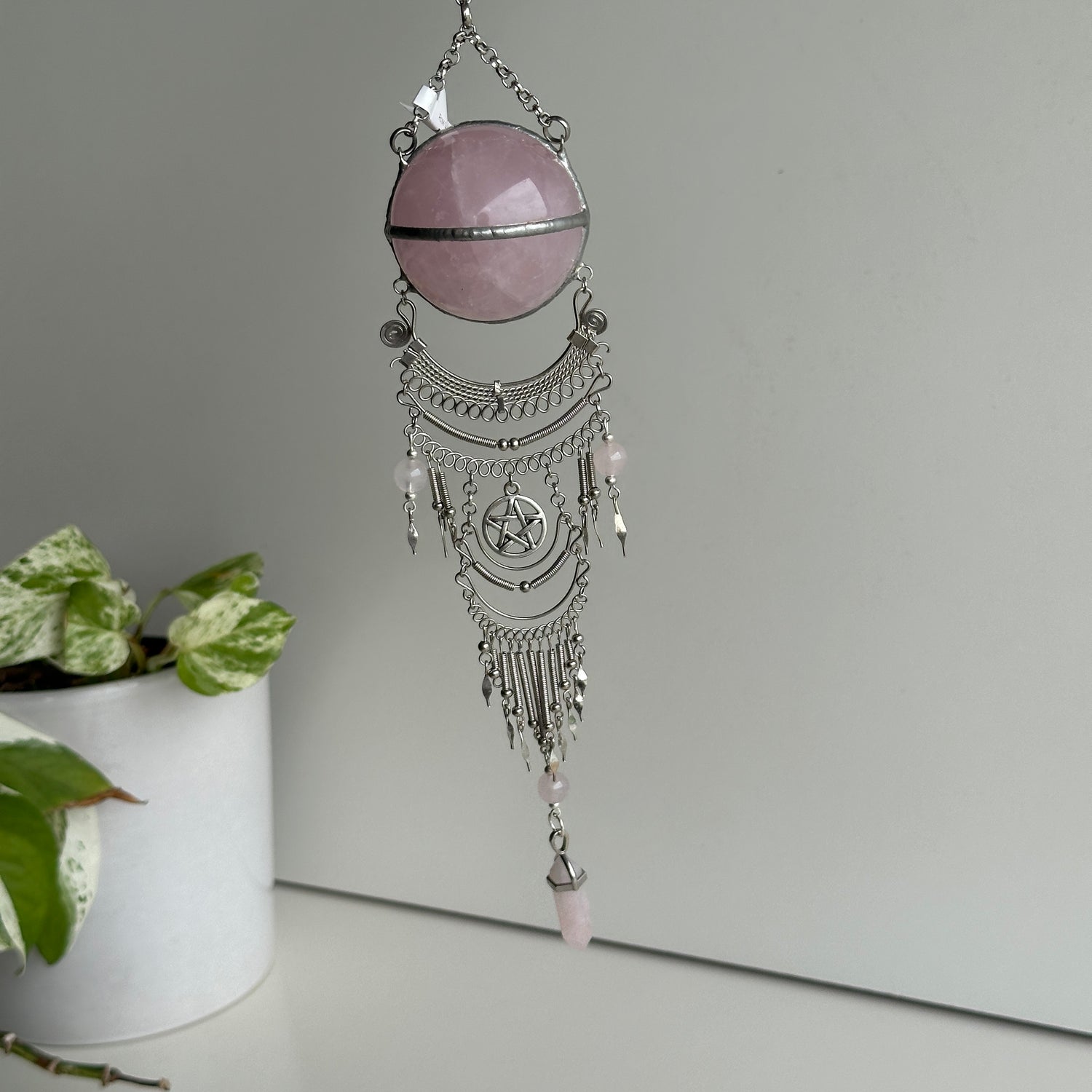 Rose Quartz Sphere Hanging Plain