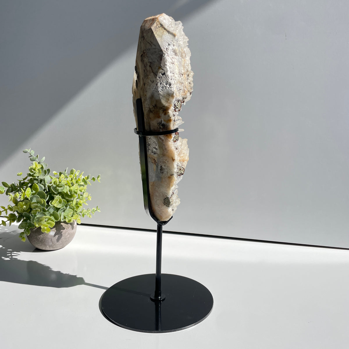 Clear Quartz With Pyrite Cluster In Stand 27cm