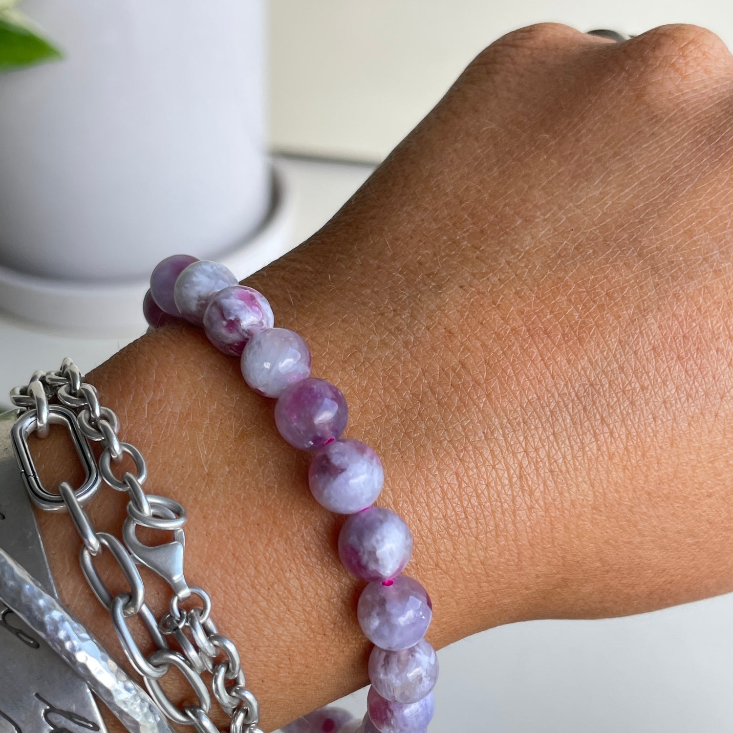 Pink Tourmaline In Quartz Beaded Bracelet Extra Quality