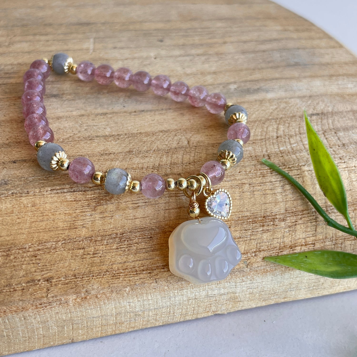 Strawberry Quartz Grey Moonstone Dog Paw Bracelet