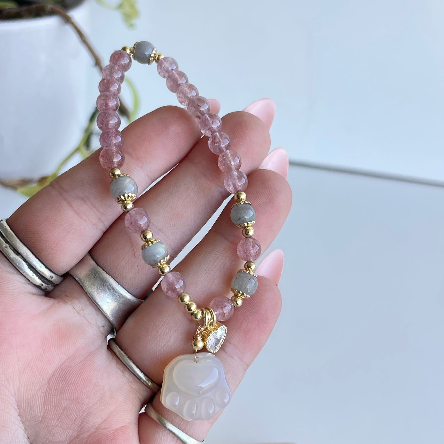 Strawberry Quartz Grey Moonstone Dog Paw Bracelet