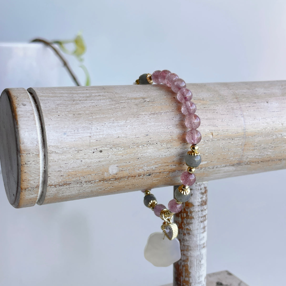Strawberry Quartz Grey Moonstone Dog Paw Bracelet