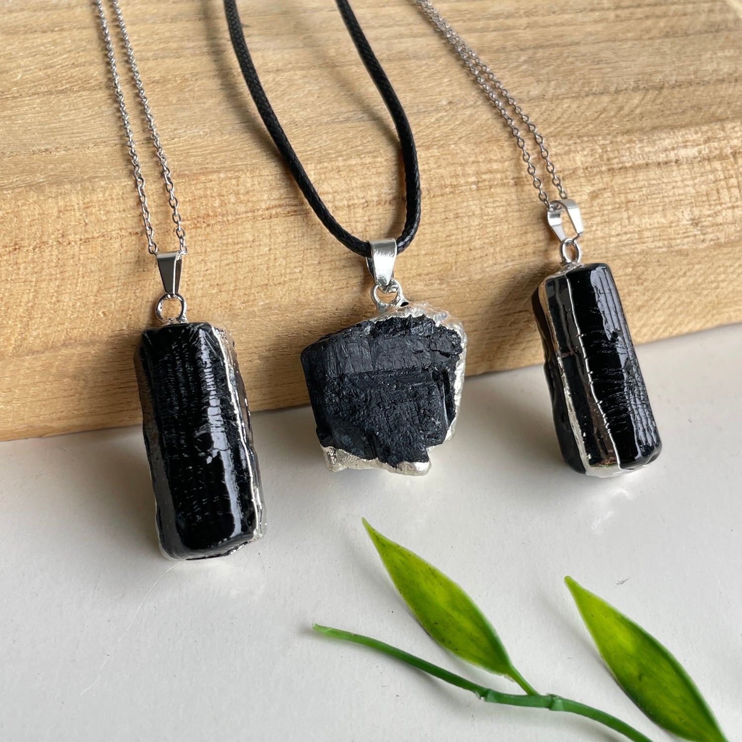 Black Tourmaline Raw Silver Necklace