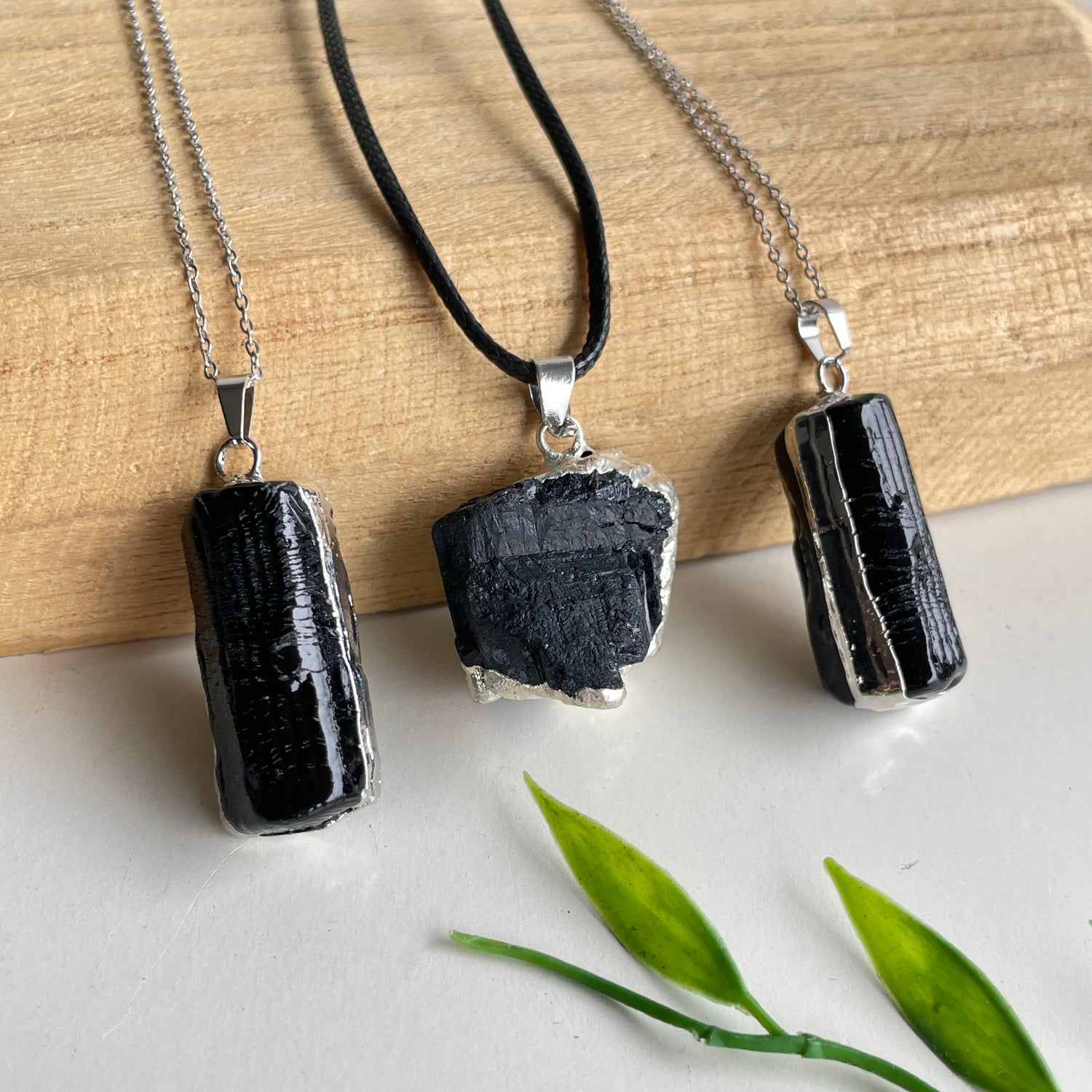 Black Tourmaline Raw Silver Necklace