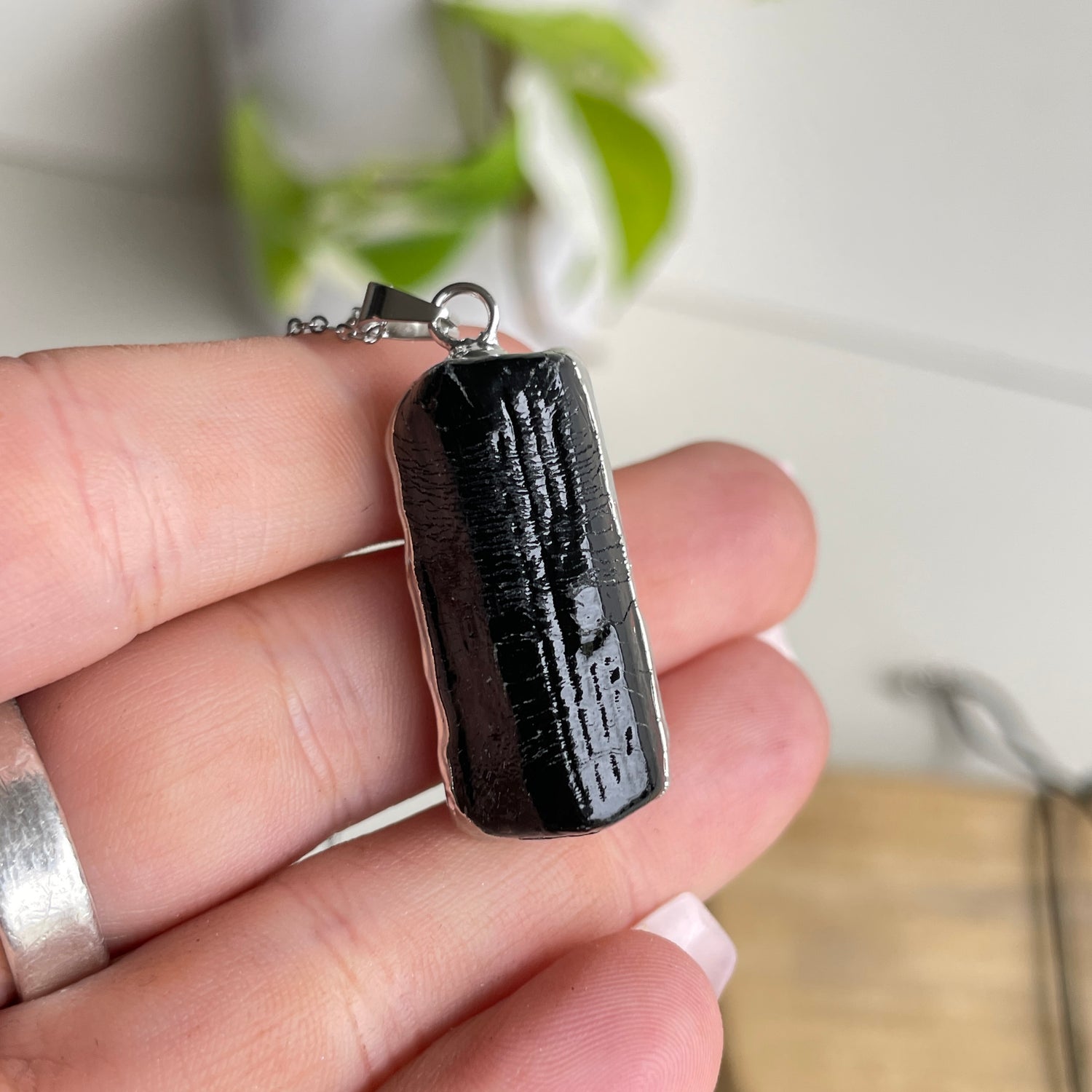 Black Tourmaline Raw Silver Necklace