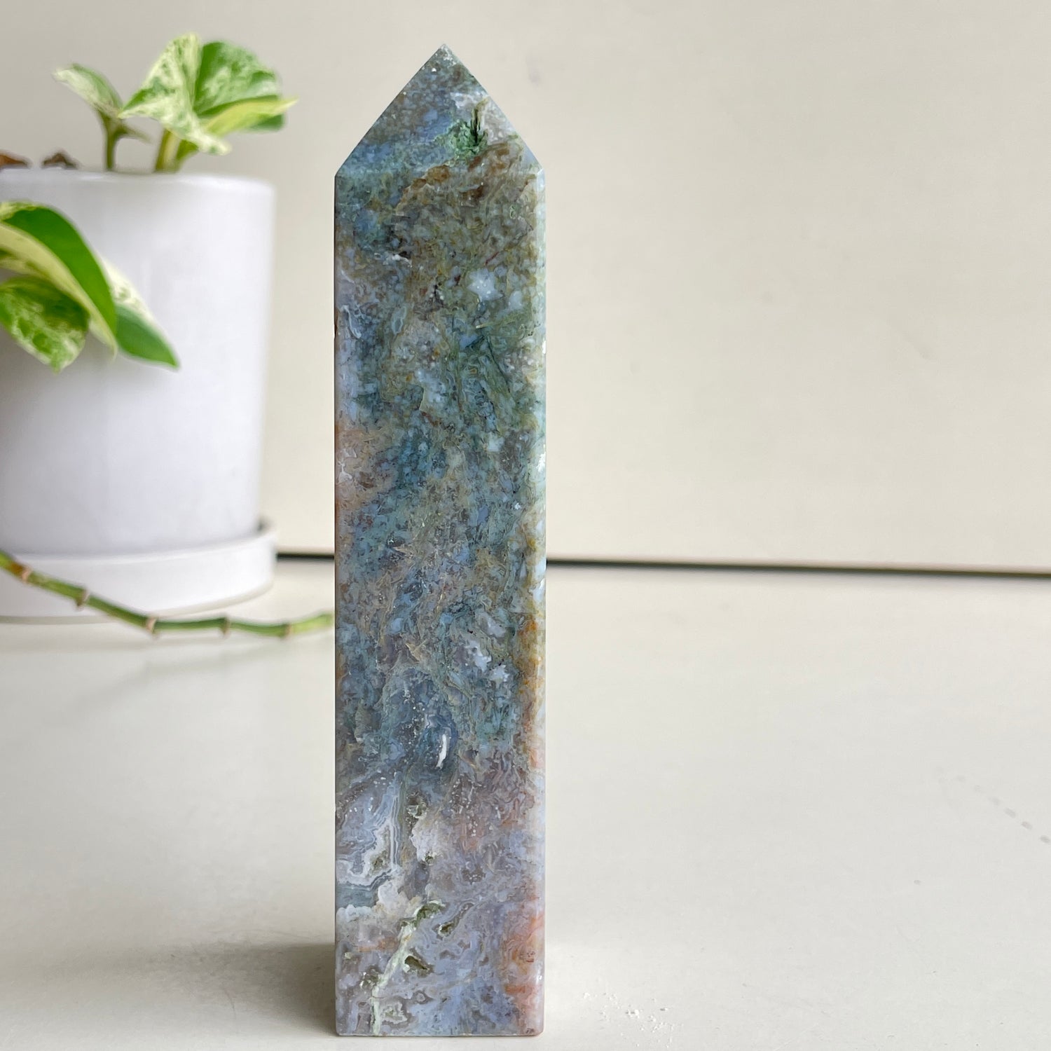 Moss Agate Obelisk 14.7cm