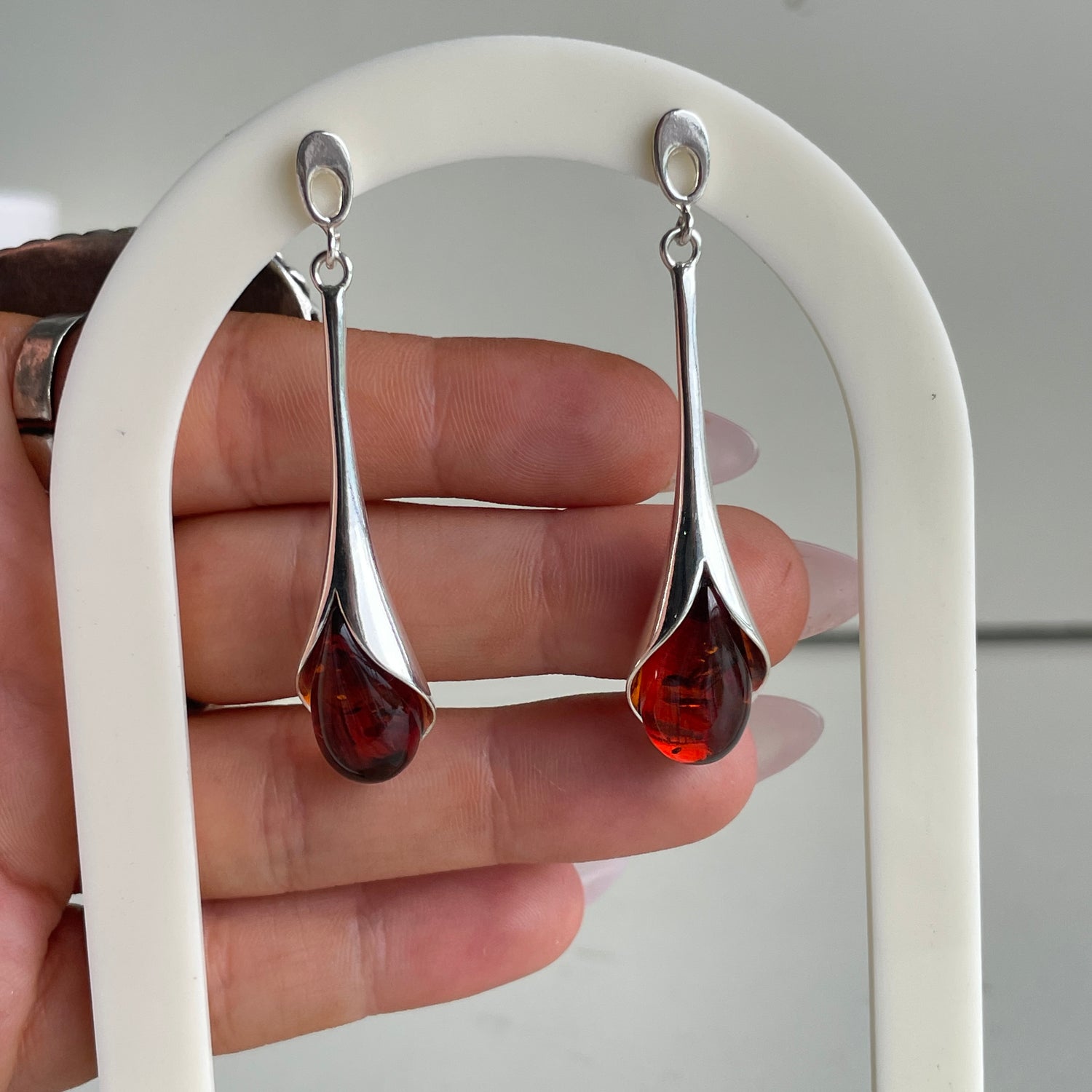 Amber Long Drop Stud Earrings