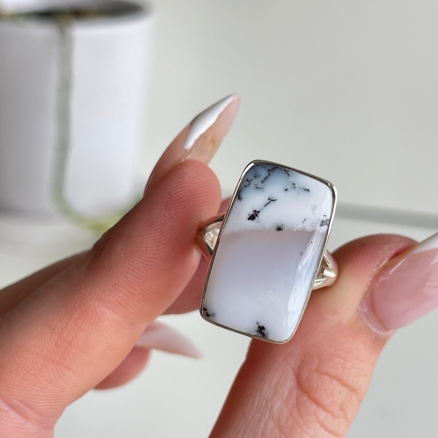 Dendritic Opal Rectangle Ring Sz7