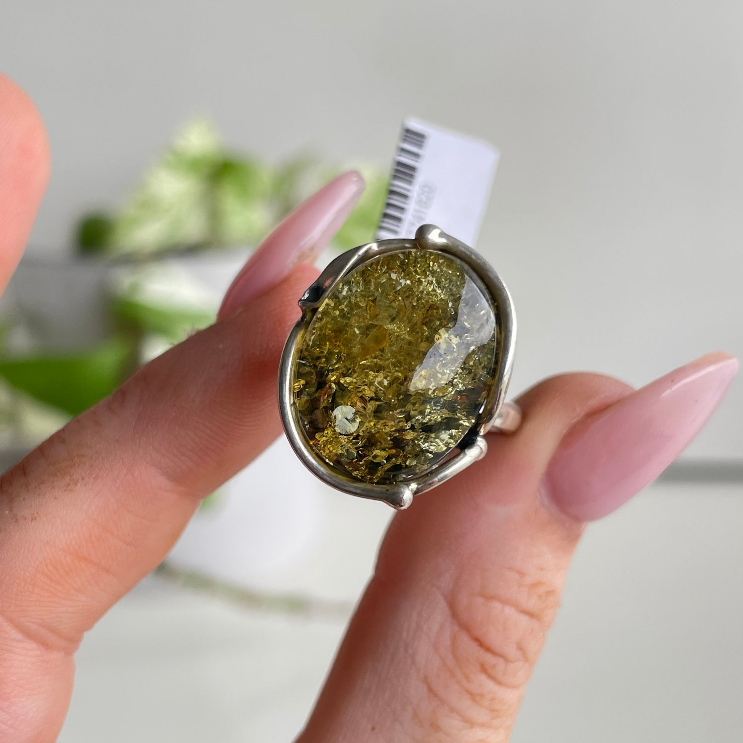 Green Amber Oval Ring Sz8 adj